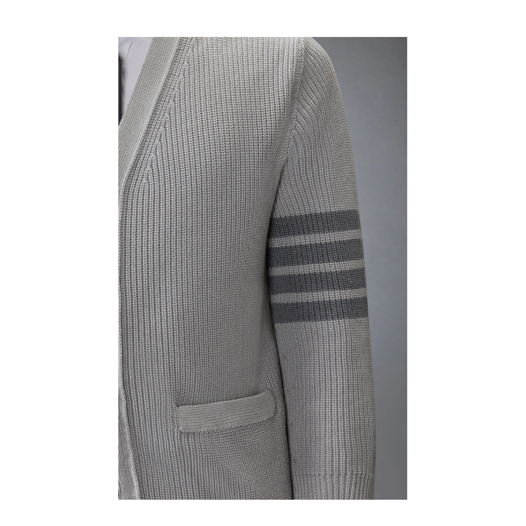 MAYFEYR - Thom Browne - Garment Dye Cardigan Stitch V Neck Cardigan In Cotton W/ Tonal 4 Bar Stripe - MKC635AY3065055
