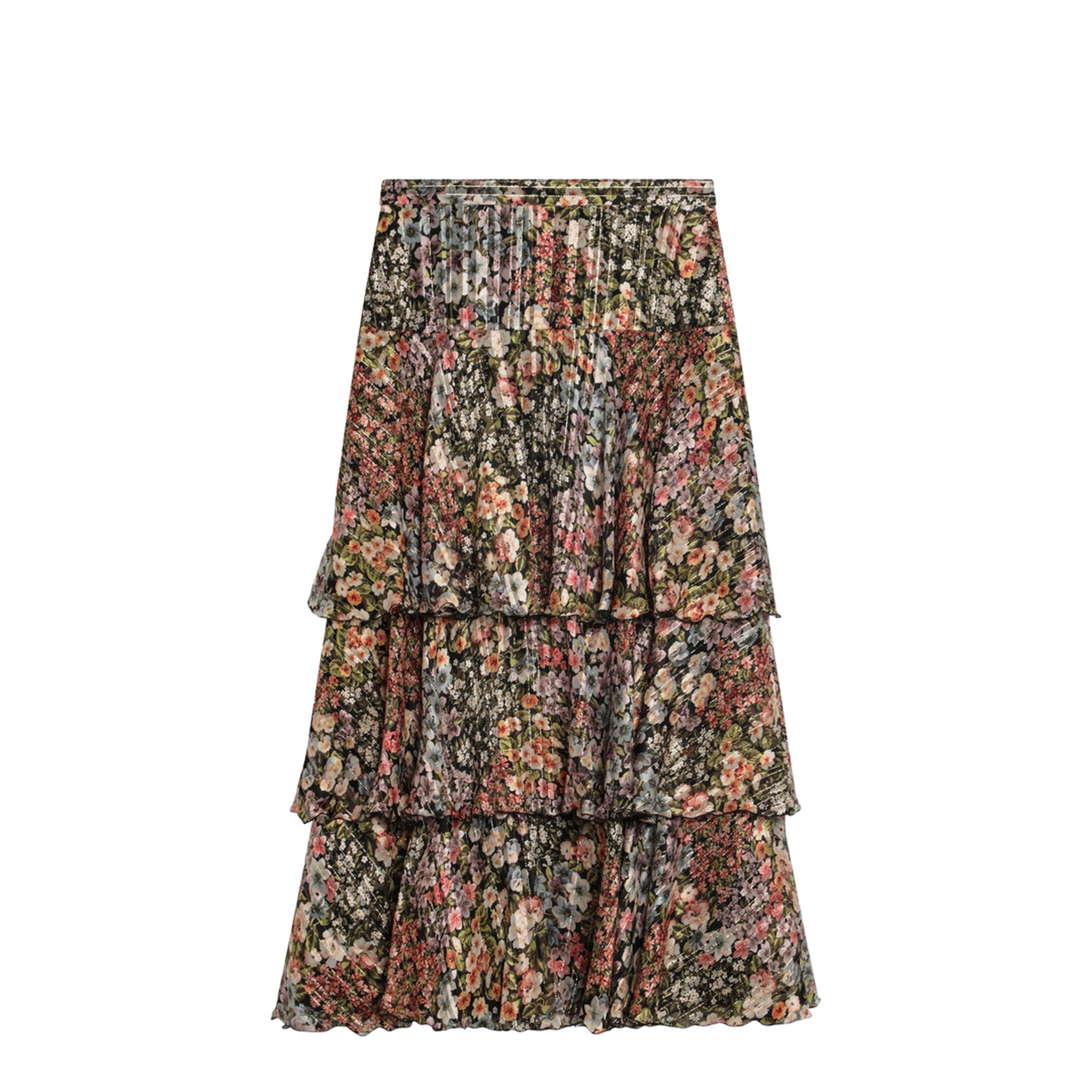 Silk Tiered Skirt with Floral Print