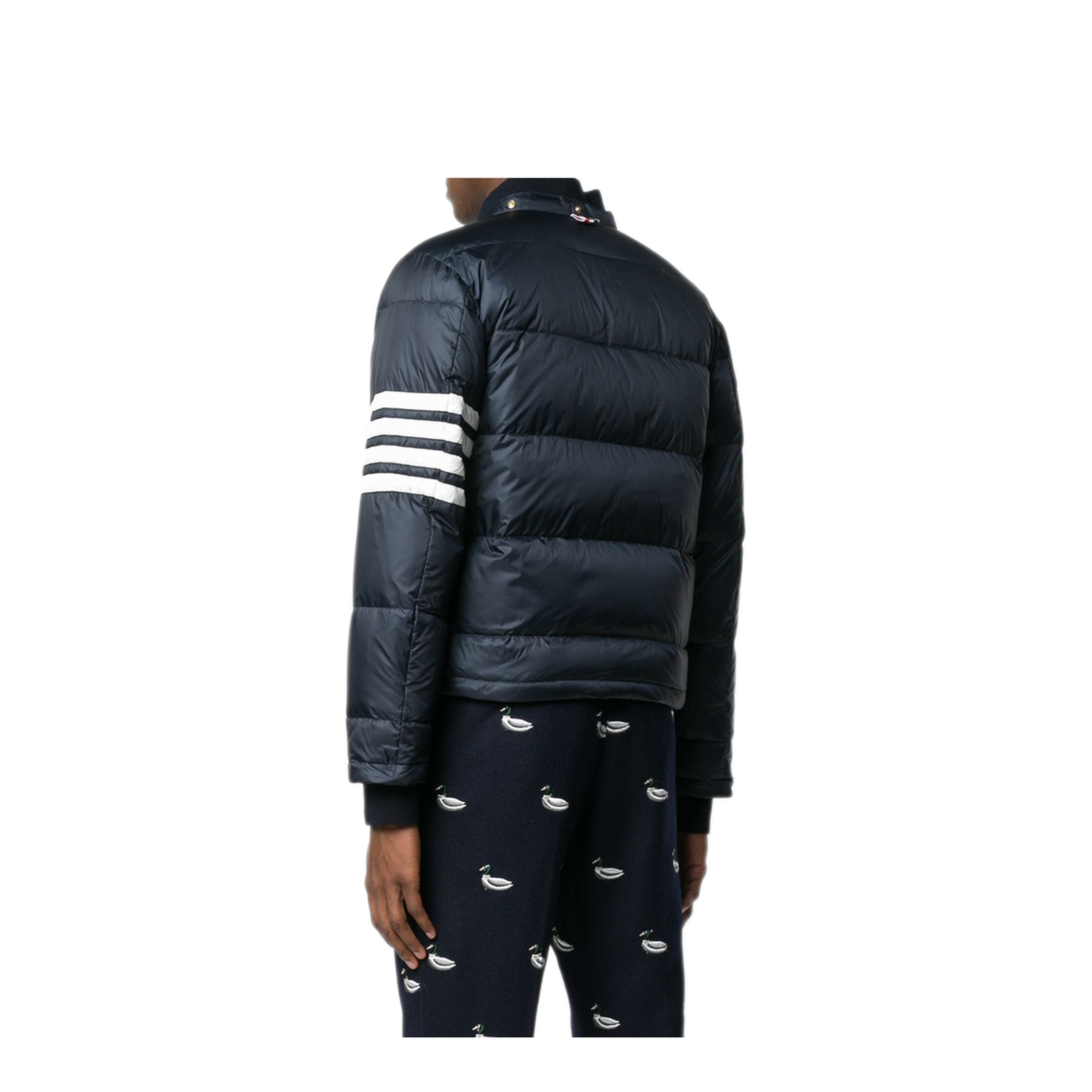 MAYFEYR - Thom Browne - Downfilled Snap Front Detachable Hood Bomber With 4Bar In Matte Finish Nylon - MJD061X05411415