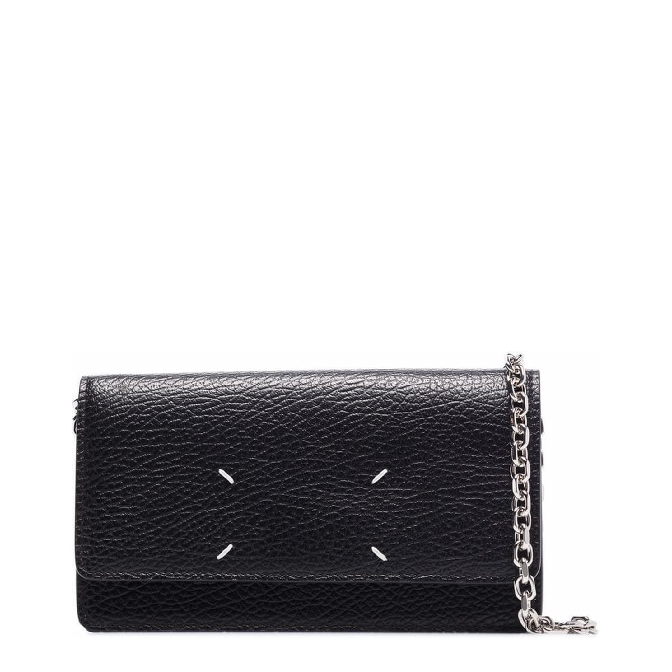 Four Stitches Medium Grainy Calf Leather Chain Wallet - Black