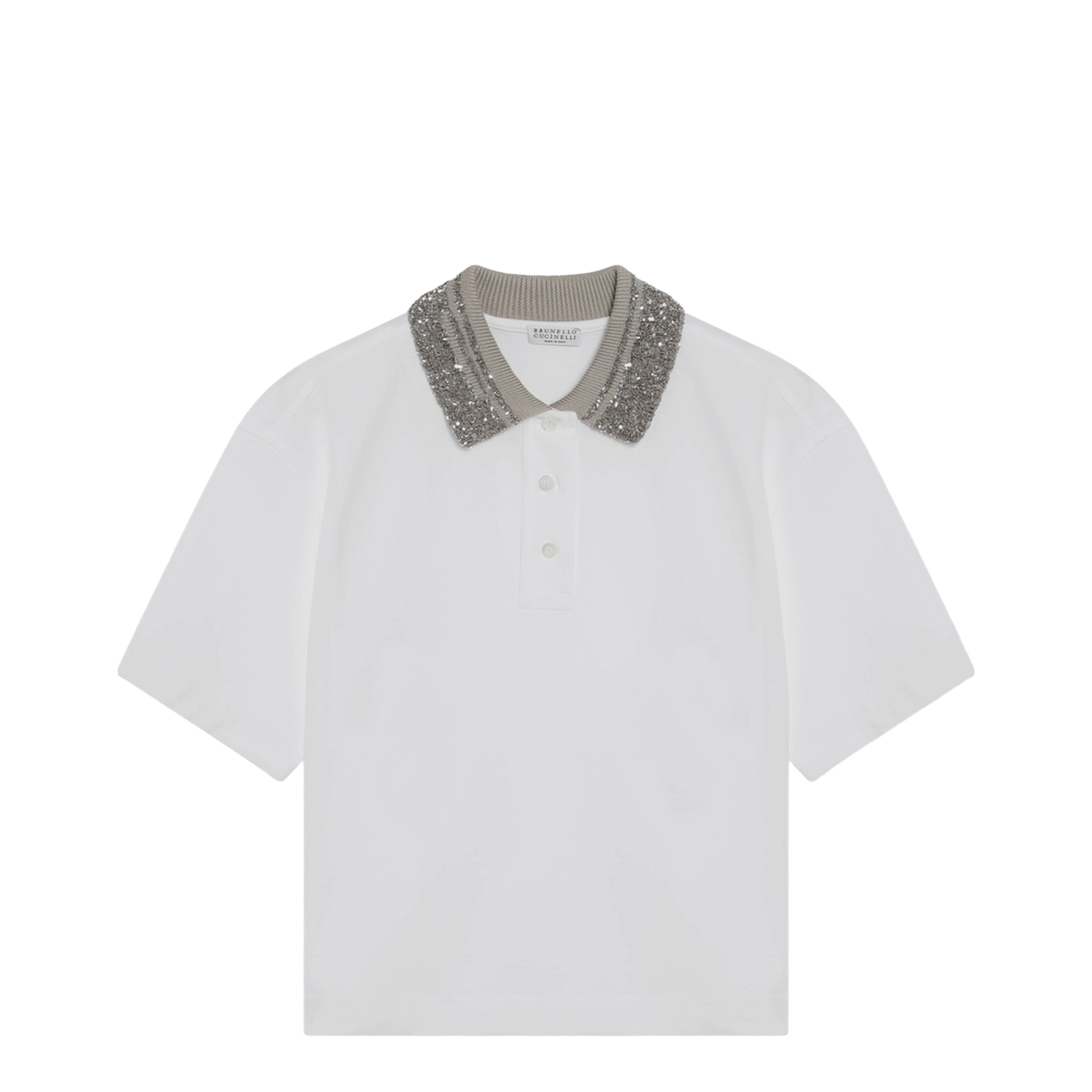 White Polo Shirt with Dazzling Knit Collar