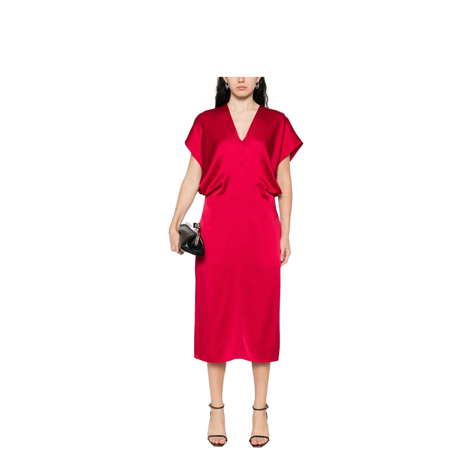 Satin V-necked Midi Dress - Red