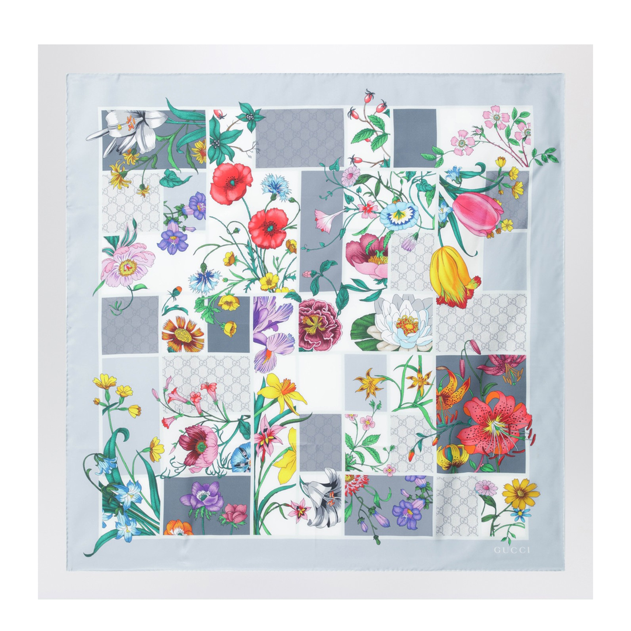 Printed Silk Twill Carré in Light Grey and Multicolour