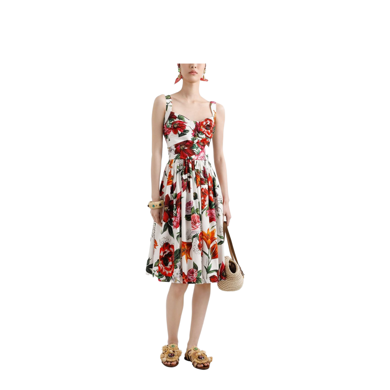 Flower-print Sleeveless Poplin Dress