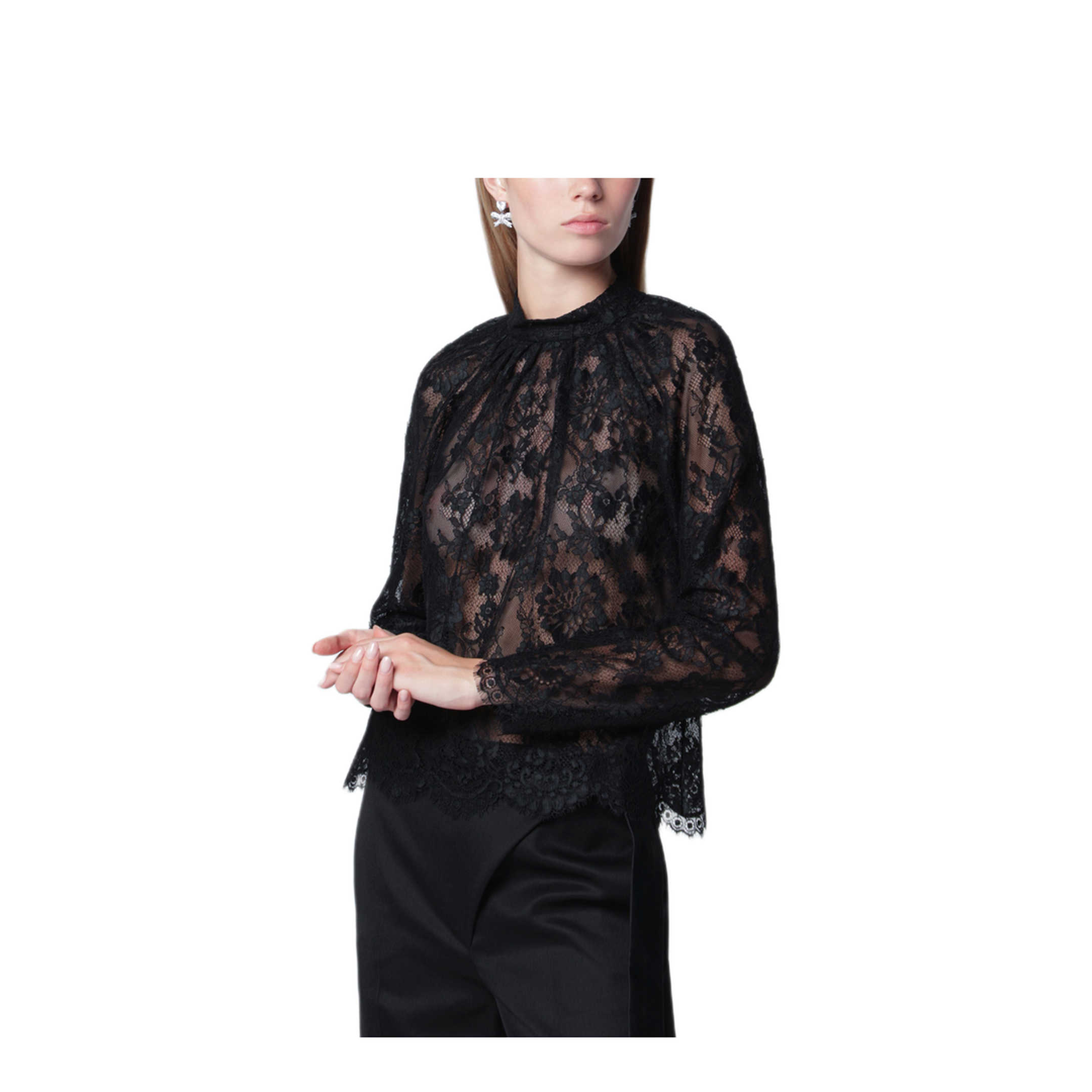 MAYFEYR - Self Portrait - High Neck Lace Blouse Long Sleeves Black - PF26-032TAPLB
