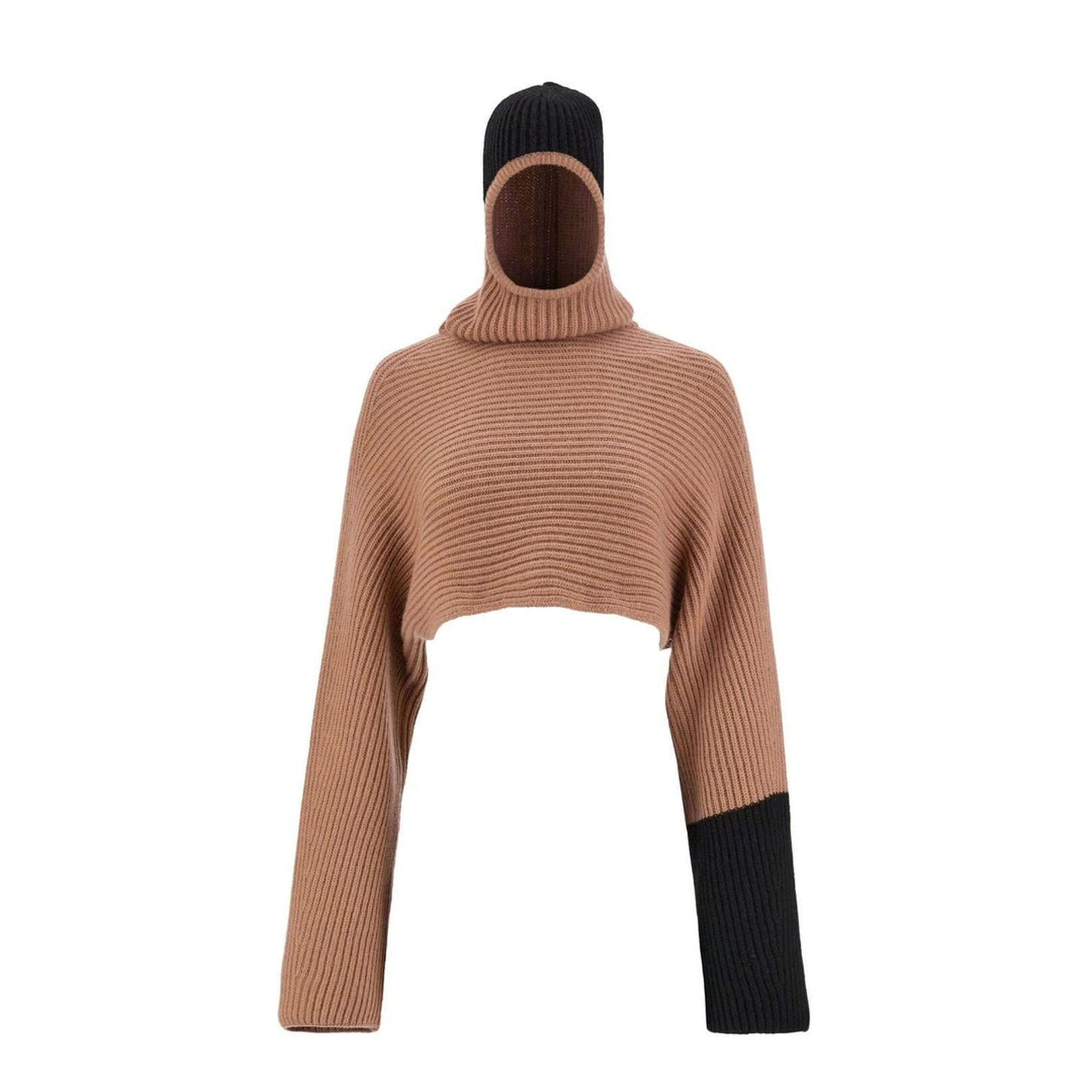 Beige Color-Block Cropped Hoodie