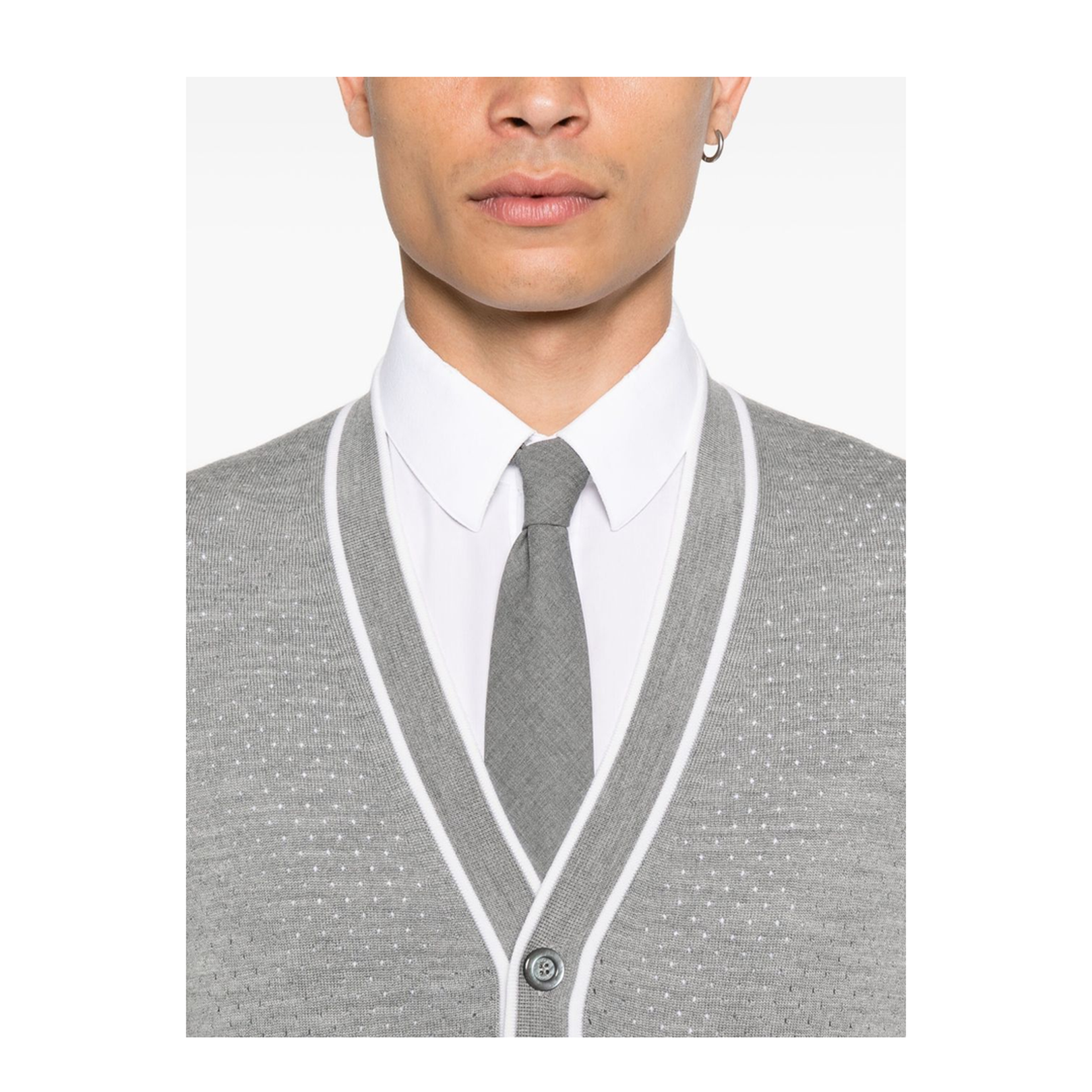 Fine Wool Knit Cardigan with Intarsia