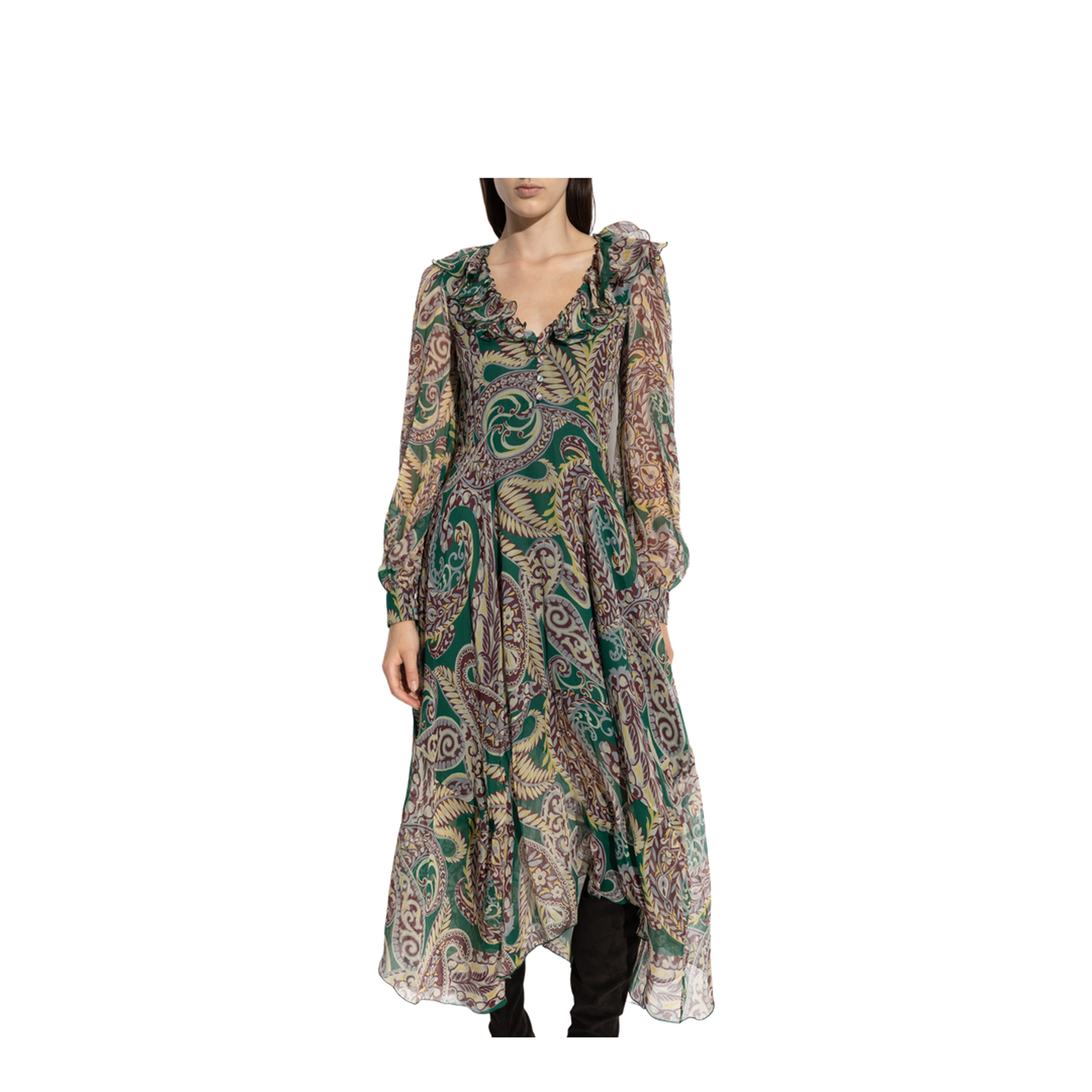 Long Silk Crepon Dress with Paisley Motif