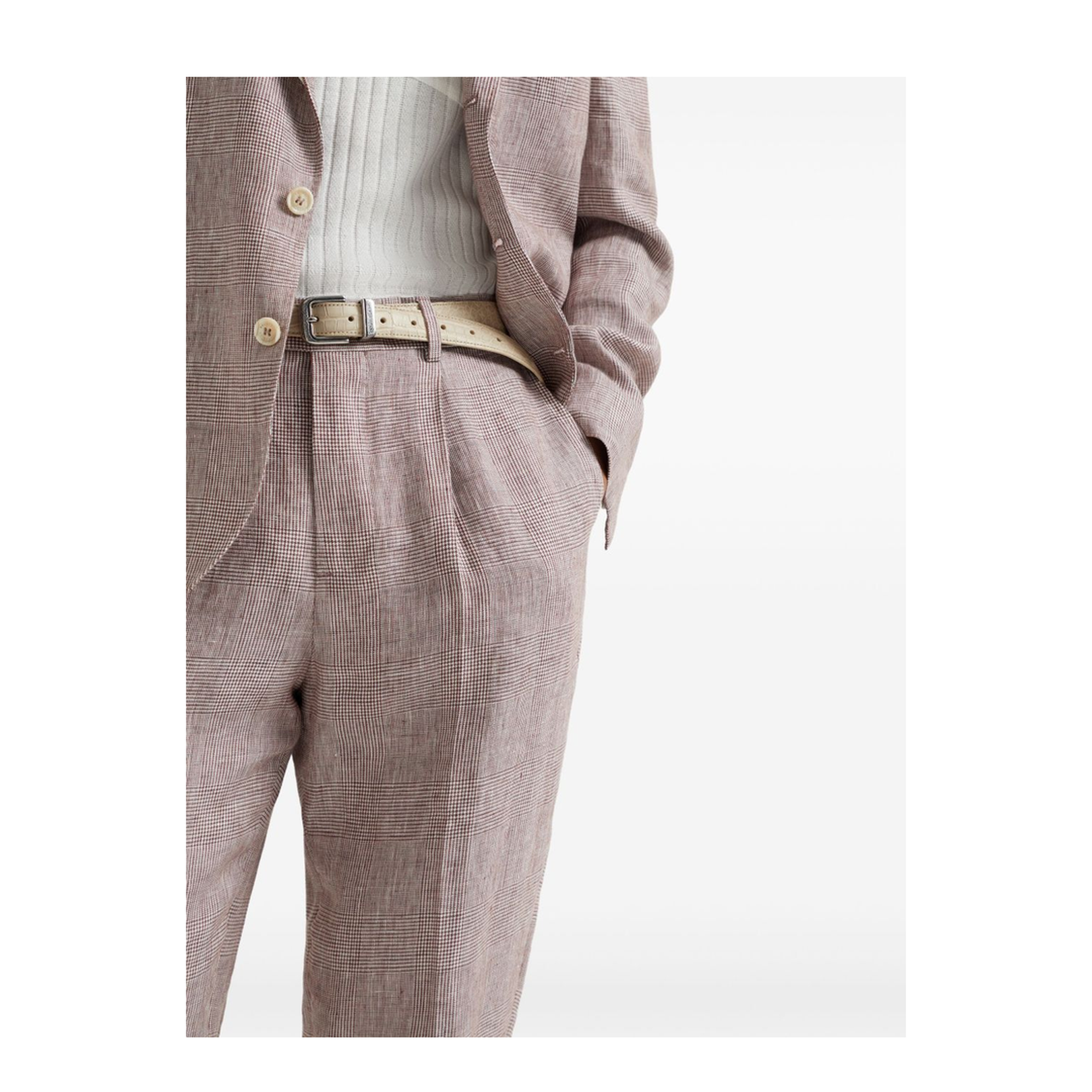 Linen Prince of Wales Leisure Fit Trousers with Pleat