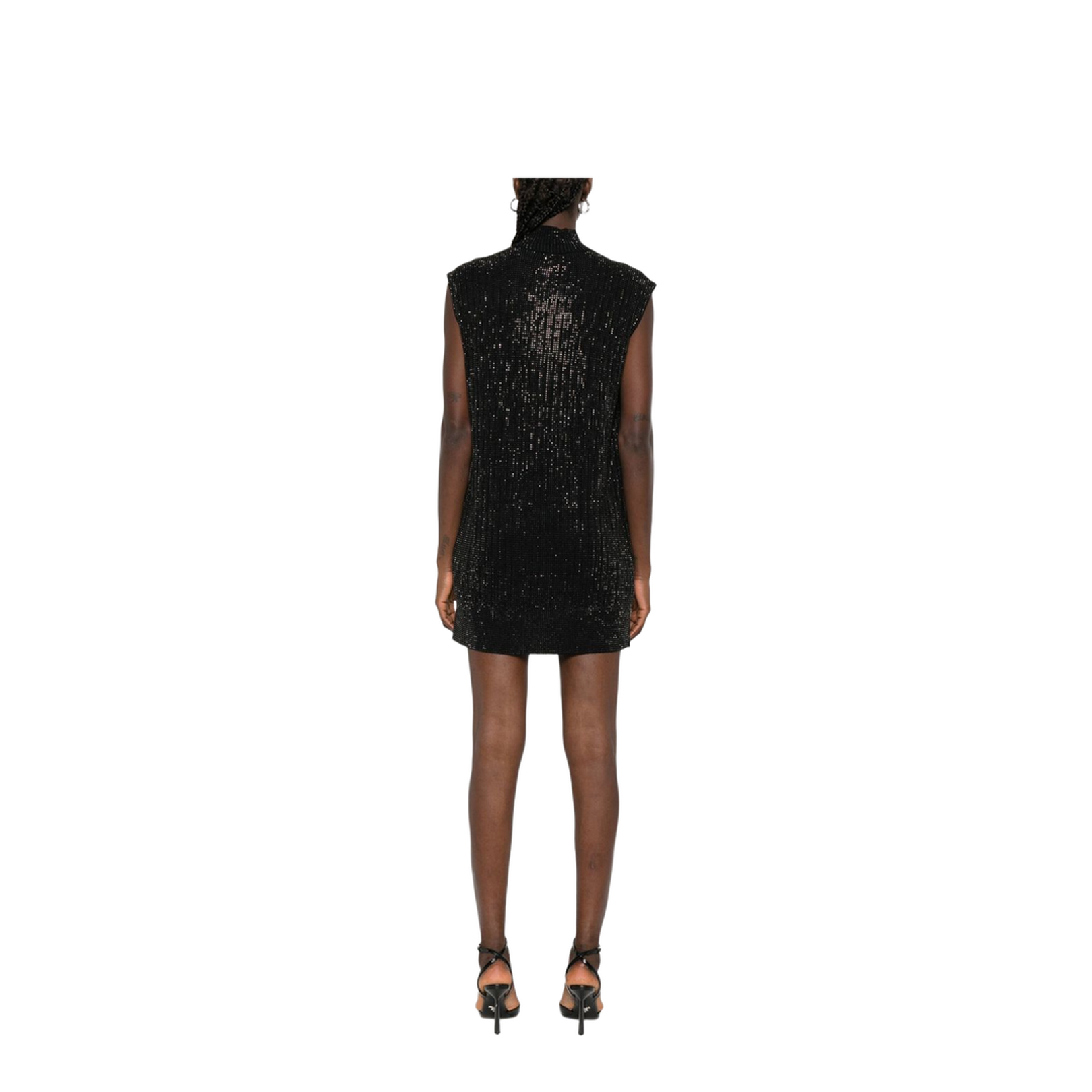 Plain-knit Virgin Wool-blend Sleeveless Dress with All-over Rhinestones