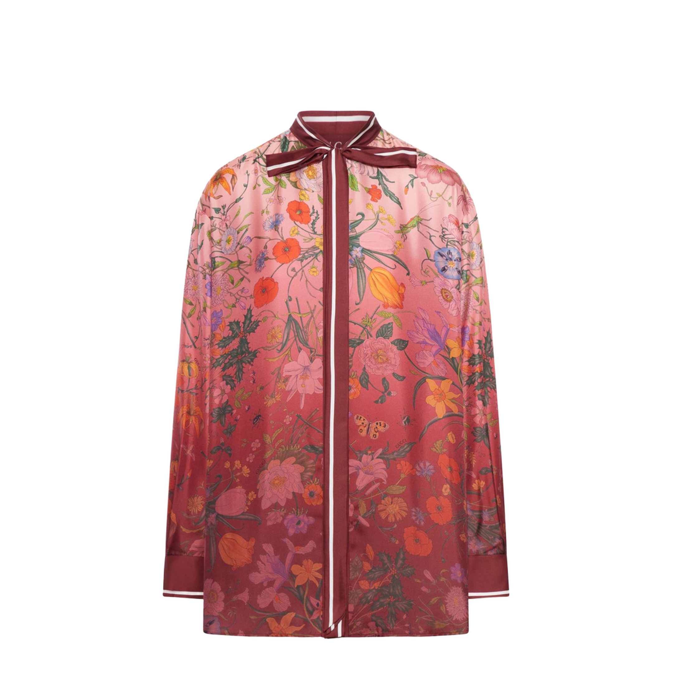 Printed Silk Shirt with Neck Bow in Pink and Rosso Ancora Red