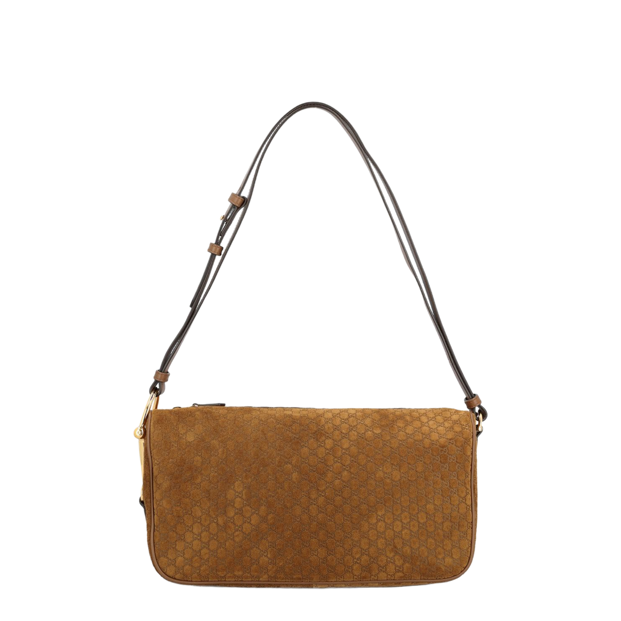 Half Horsebit Medium Suede Shoulder Bag - Brown