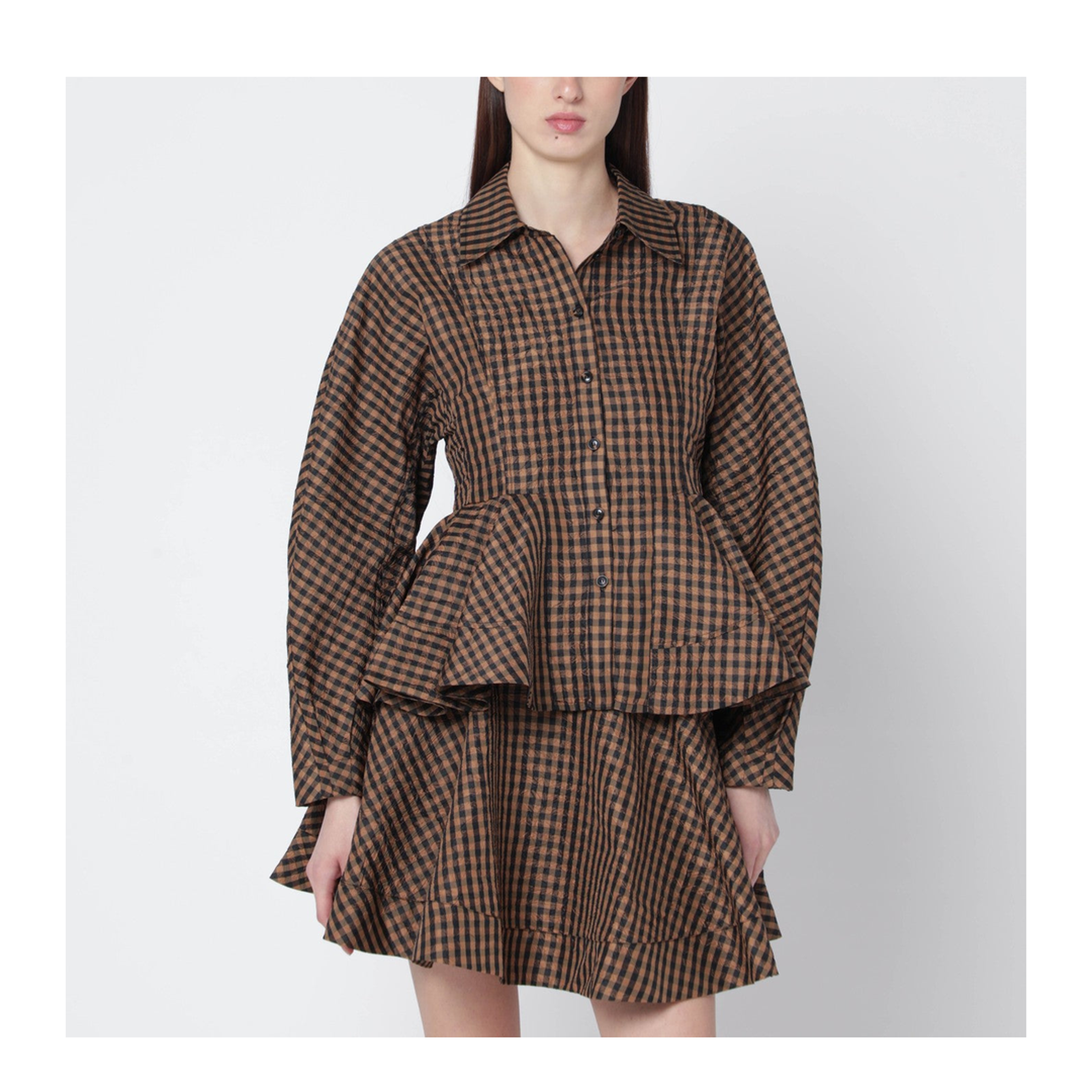 Brown Black Gingham Peplum Shirt