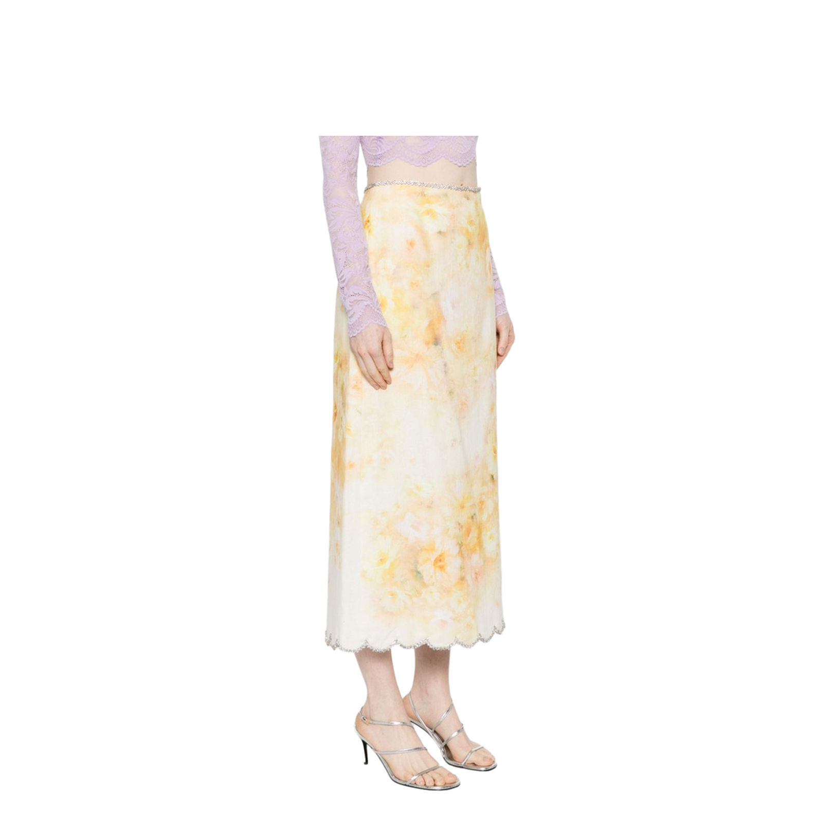 Floral Print Linen Midi Skirt