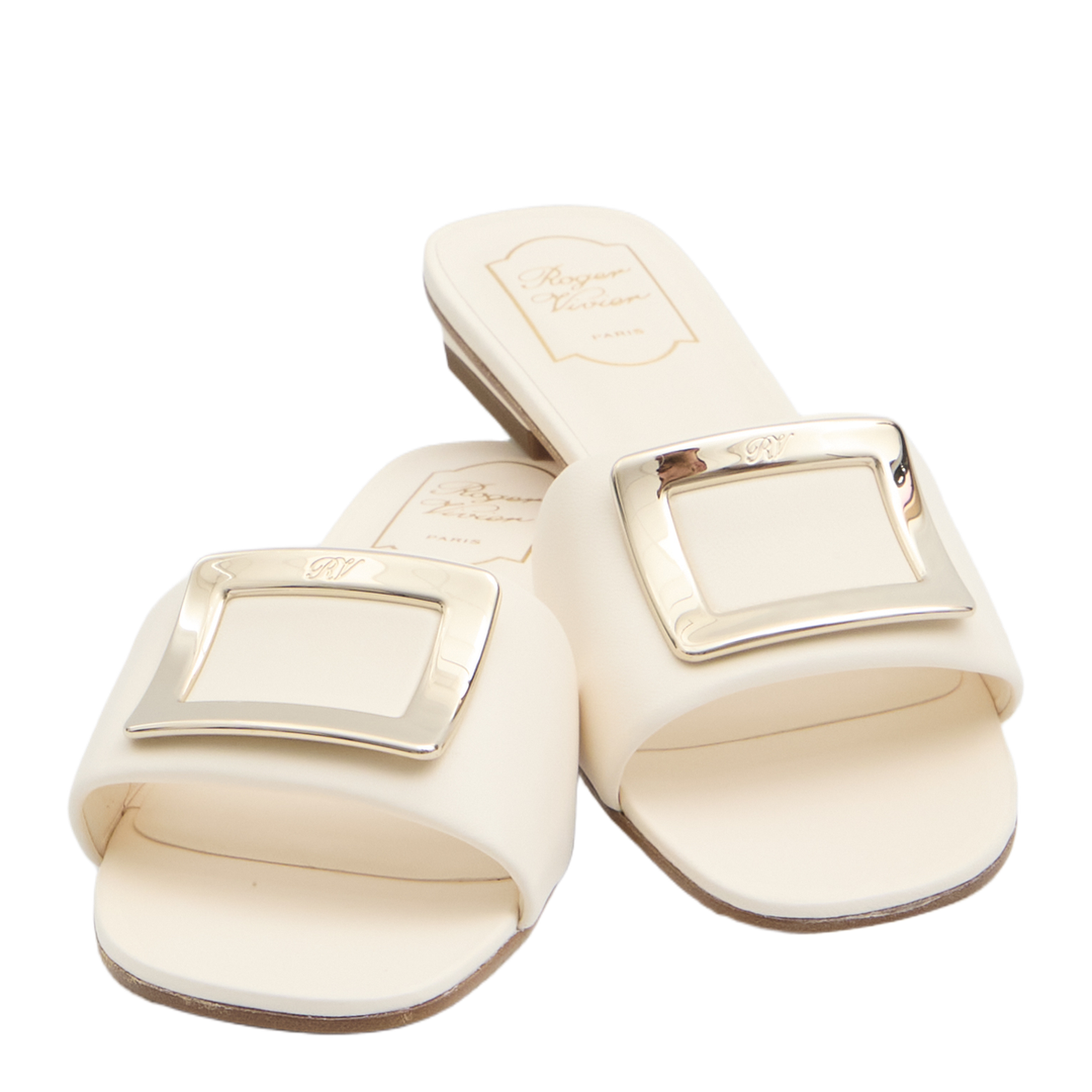 Square Buckle Leather Slides White