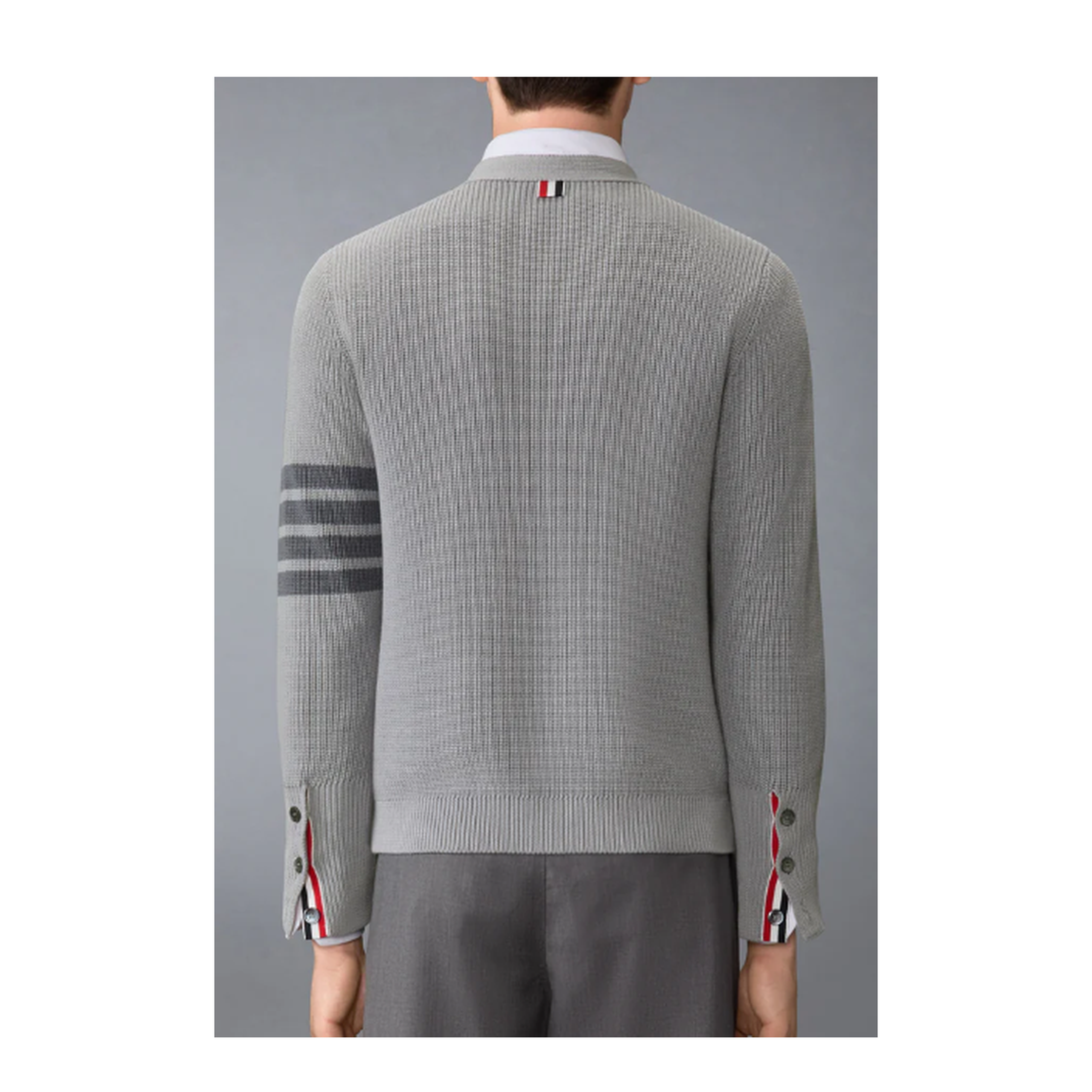 MAYFEYR - Thom Browne - Garment Dye Cardigan Stitch V Neck Cardigan In Cotton W/ Tonal 4 Bar Stripe - MKC635AY3065055