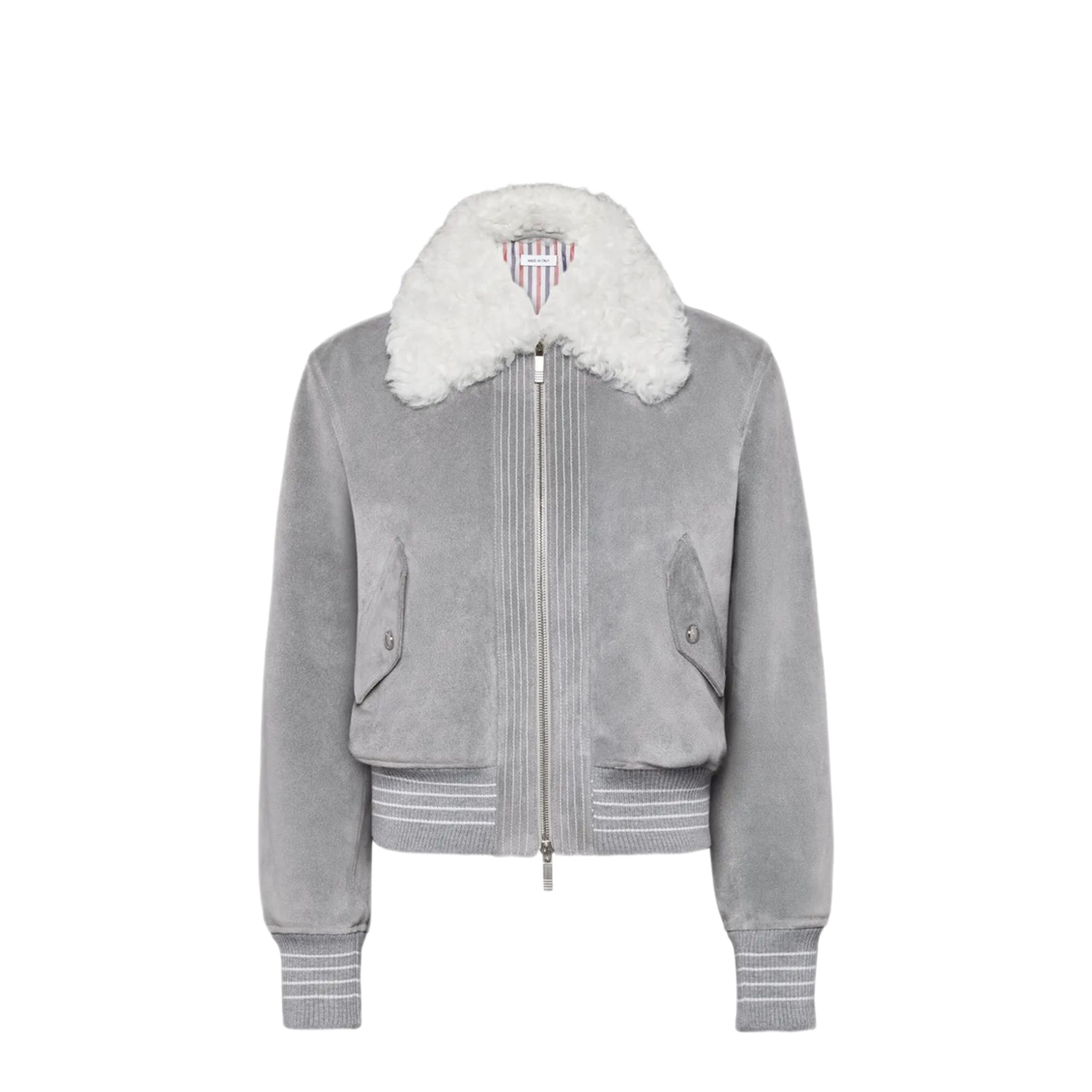 MAYFEYR - Thom Browne - Cropped Flight Jacket With Shearling Collar In Suede - FBC910YL0140035