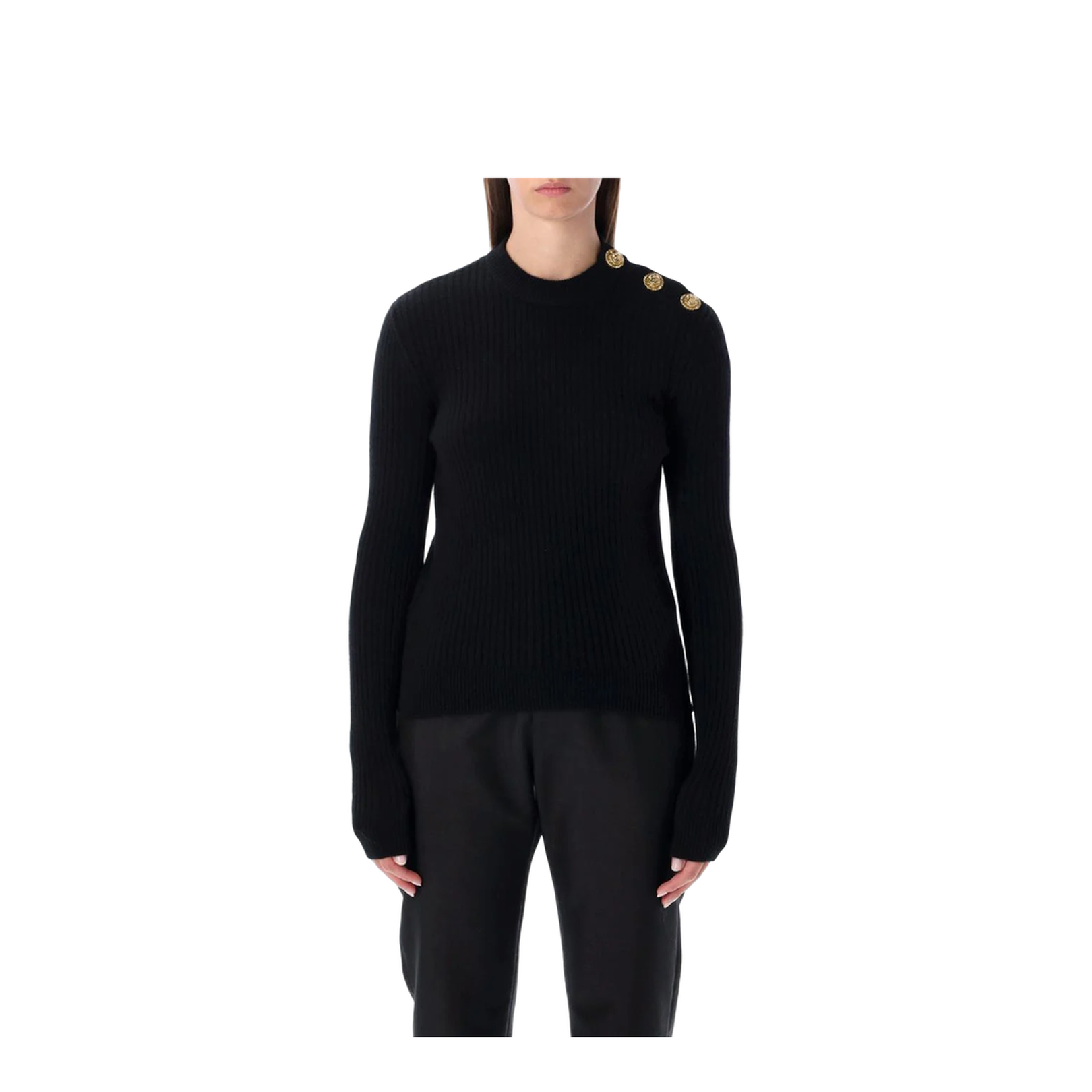 Black Ribbed Wool Sweater With Gold Buttons