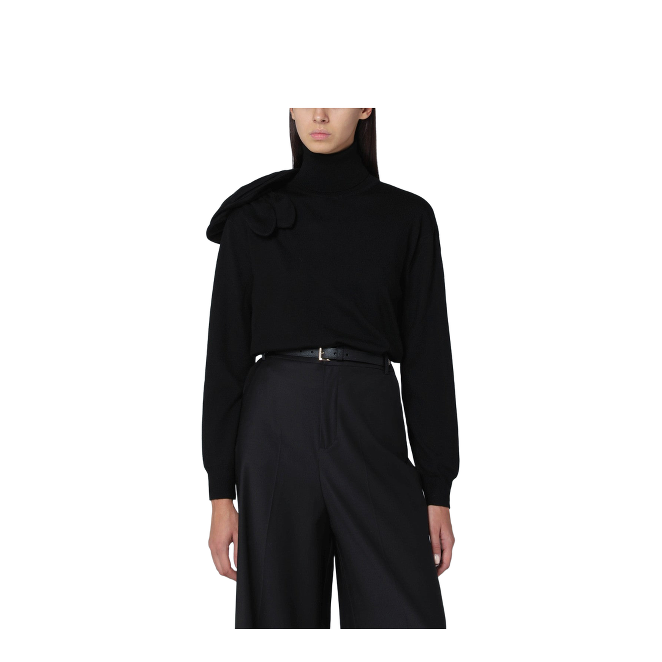Black Turtleneck Sweater with Flower Detail