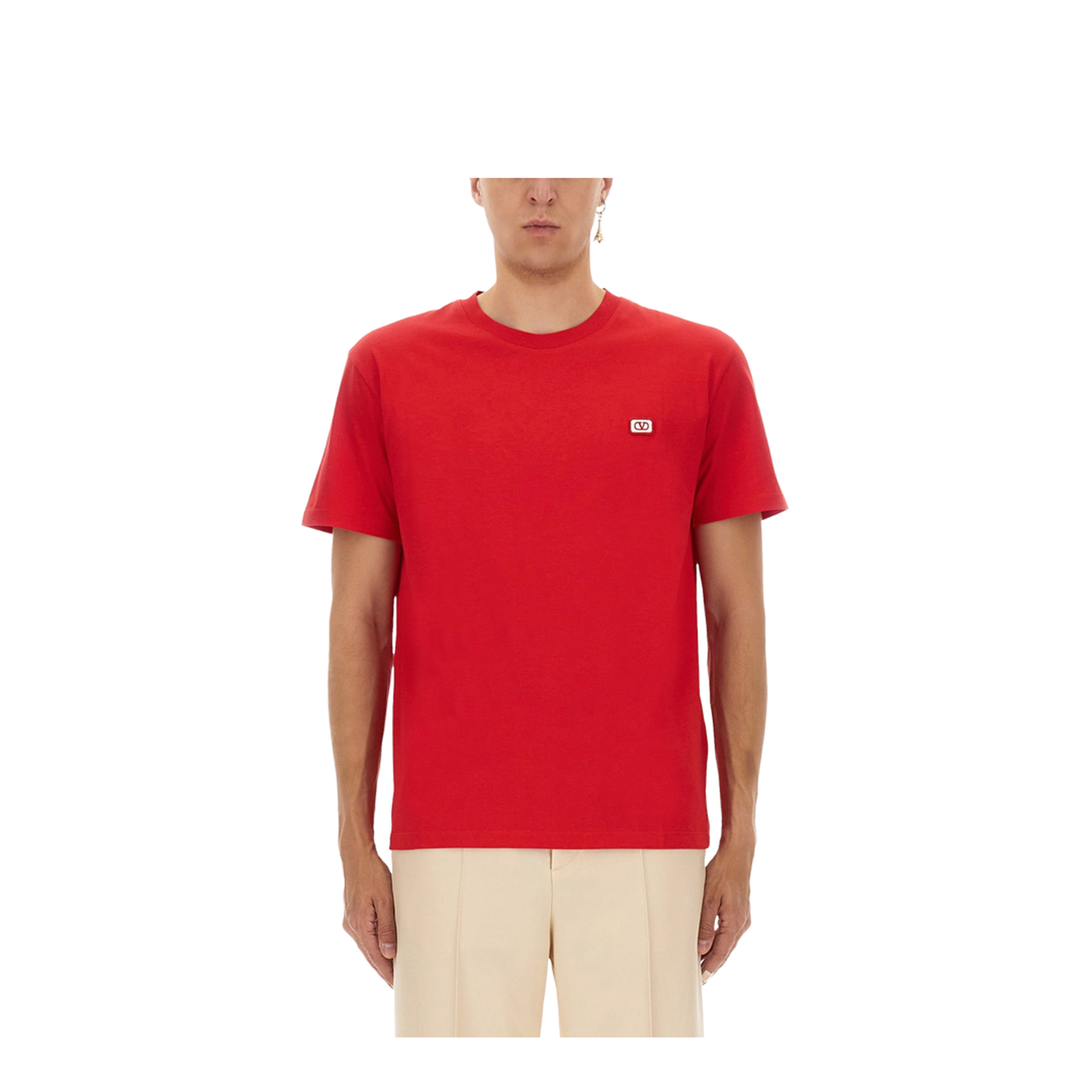 Red Crewneck T-Shirt with VLogo on the Front in Cotton