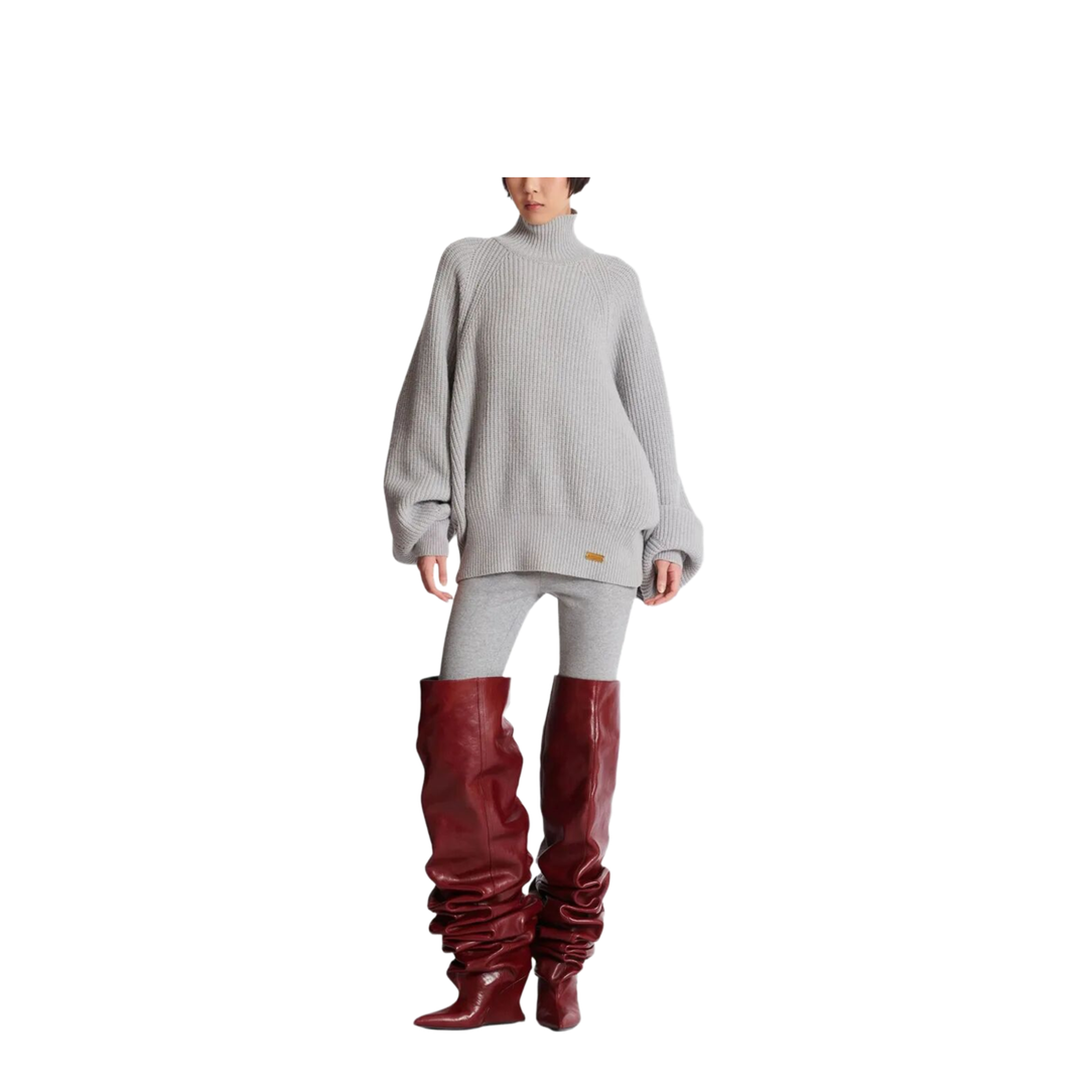 High-neck Ribbed Knitted Sweater Grey