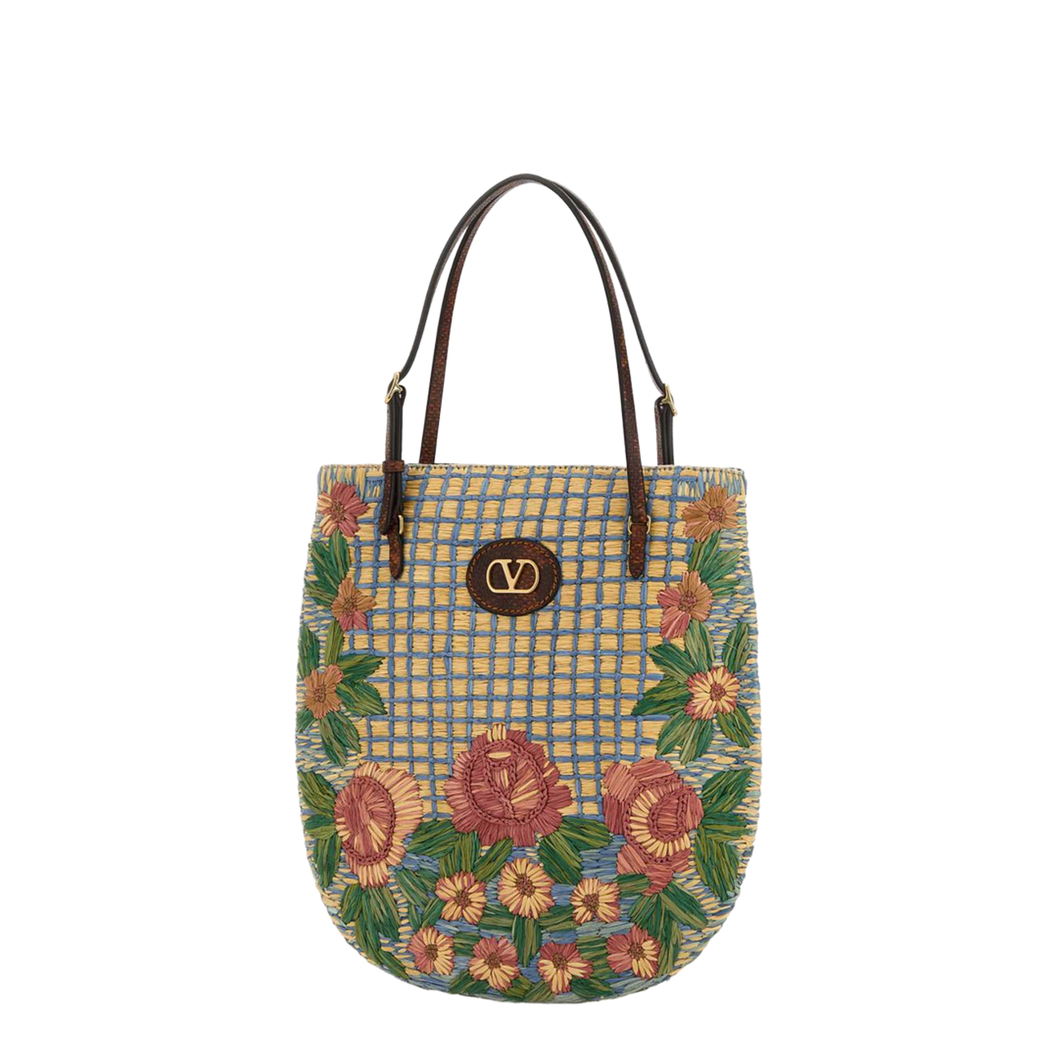 Embroidered Raffia Vlogo Signature Shoulder Bag
