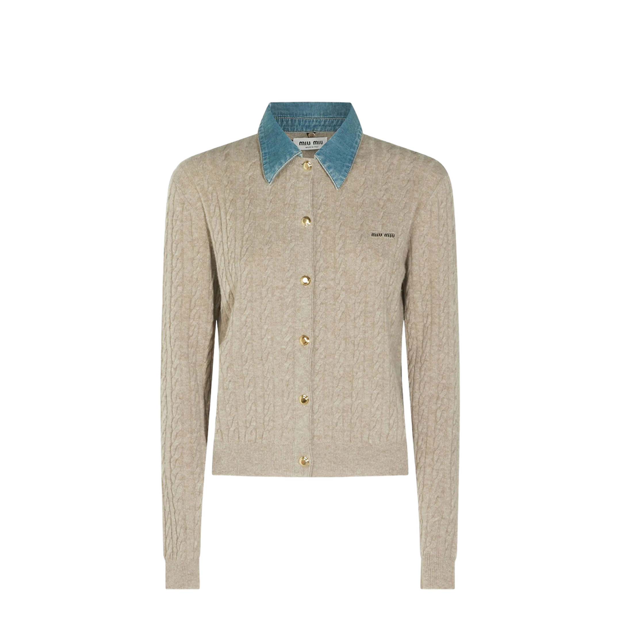 MAYFEYR - MIUMIU - Denim-Collar Cable-Knit Cashmere Cardigan - MMF04CSOOO6342