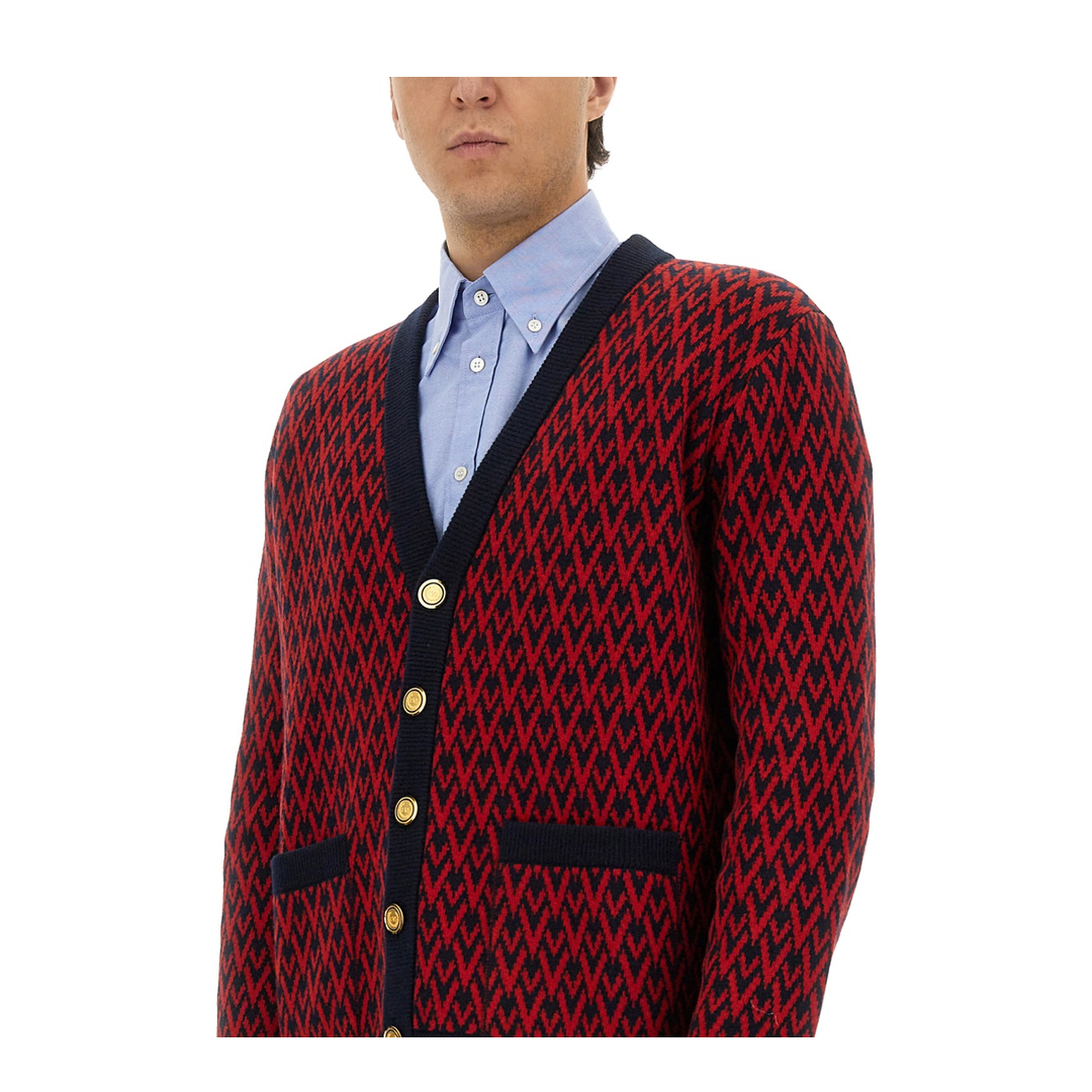 Navy and Red Wool V-Pattern Cardigan