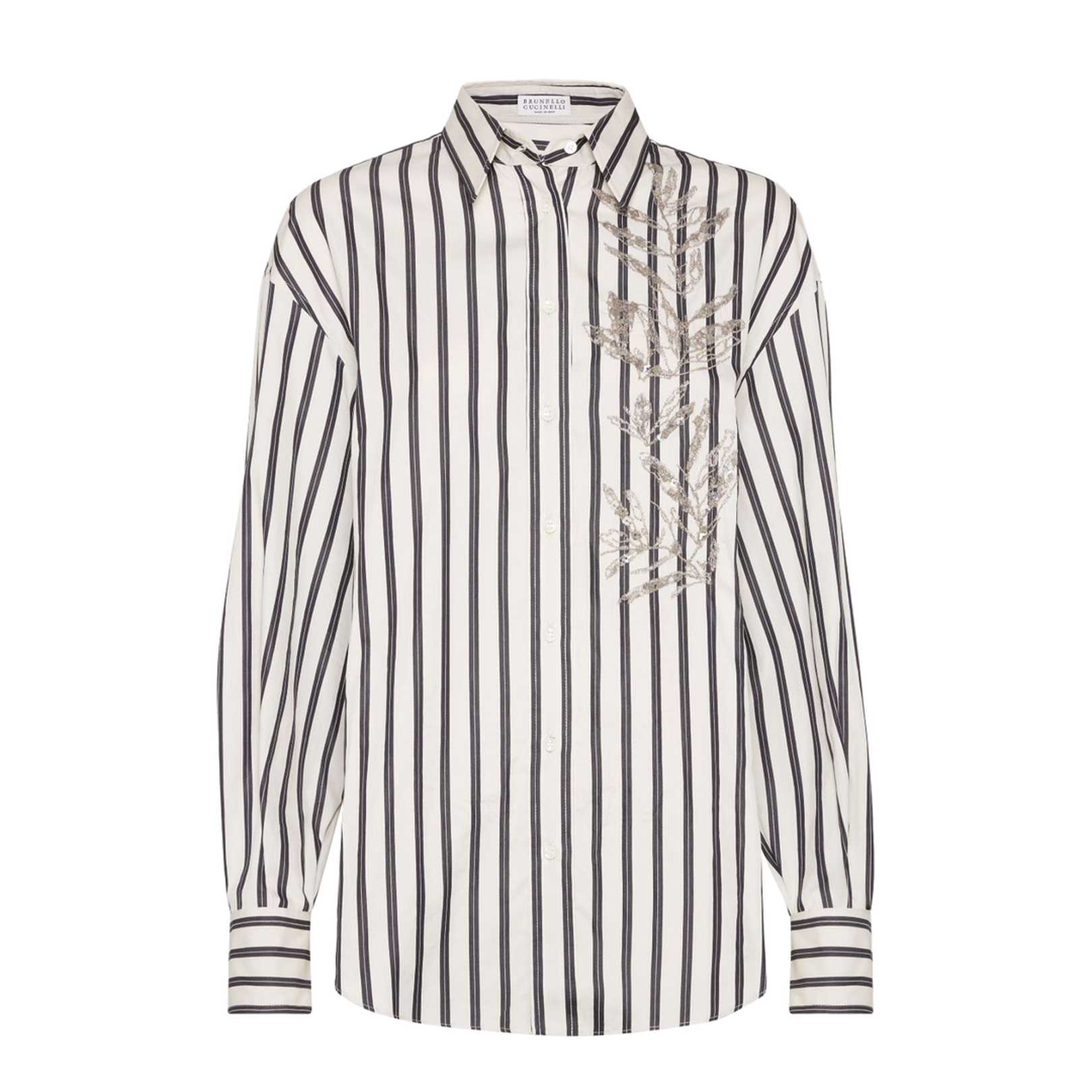 Cotton Striped Shirt with Glistening Flora Embroidery