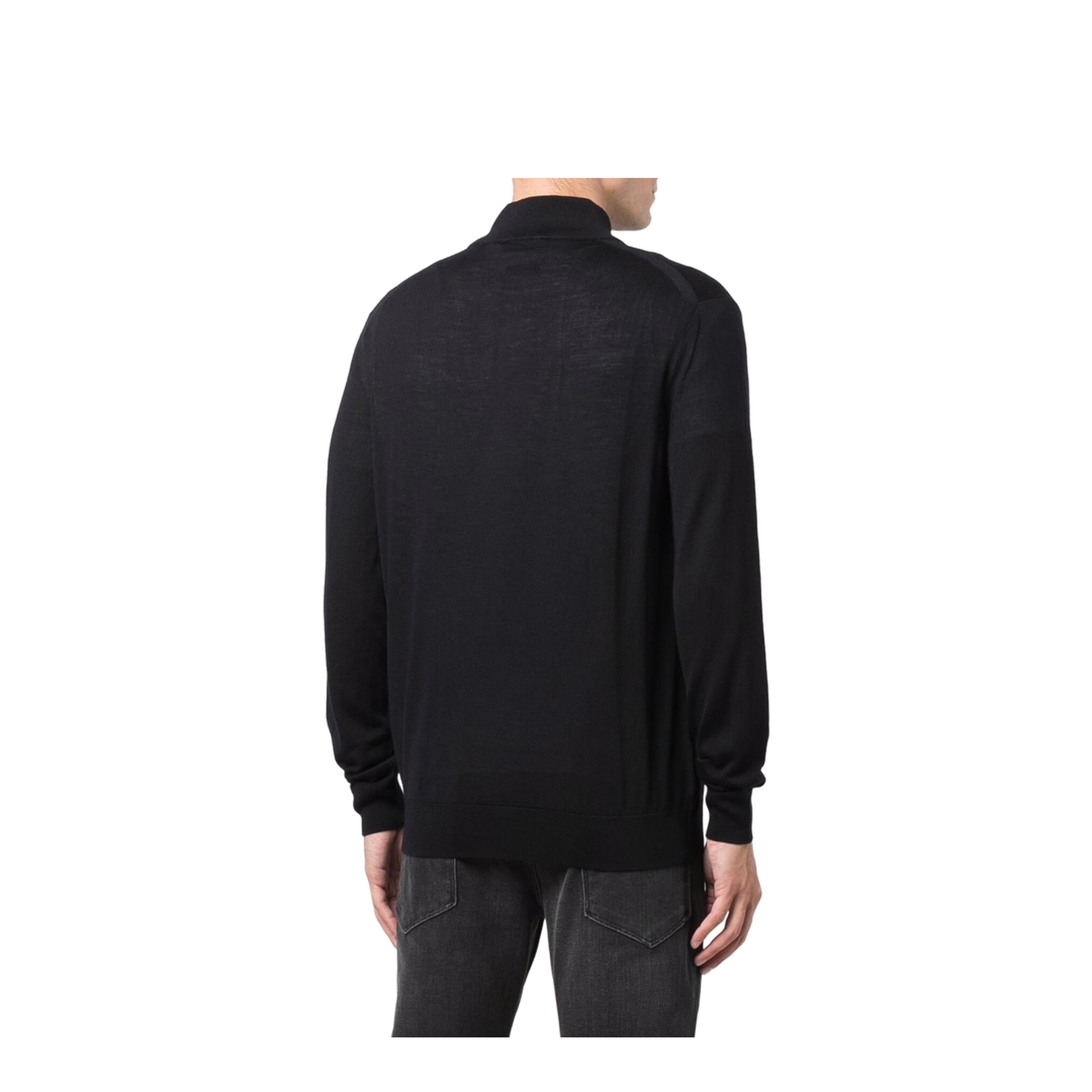 Navy-Blue Virgin Wool Fine Knit High Neck Front Zip Fastening Long Sleeves Cardigan
