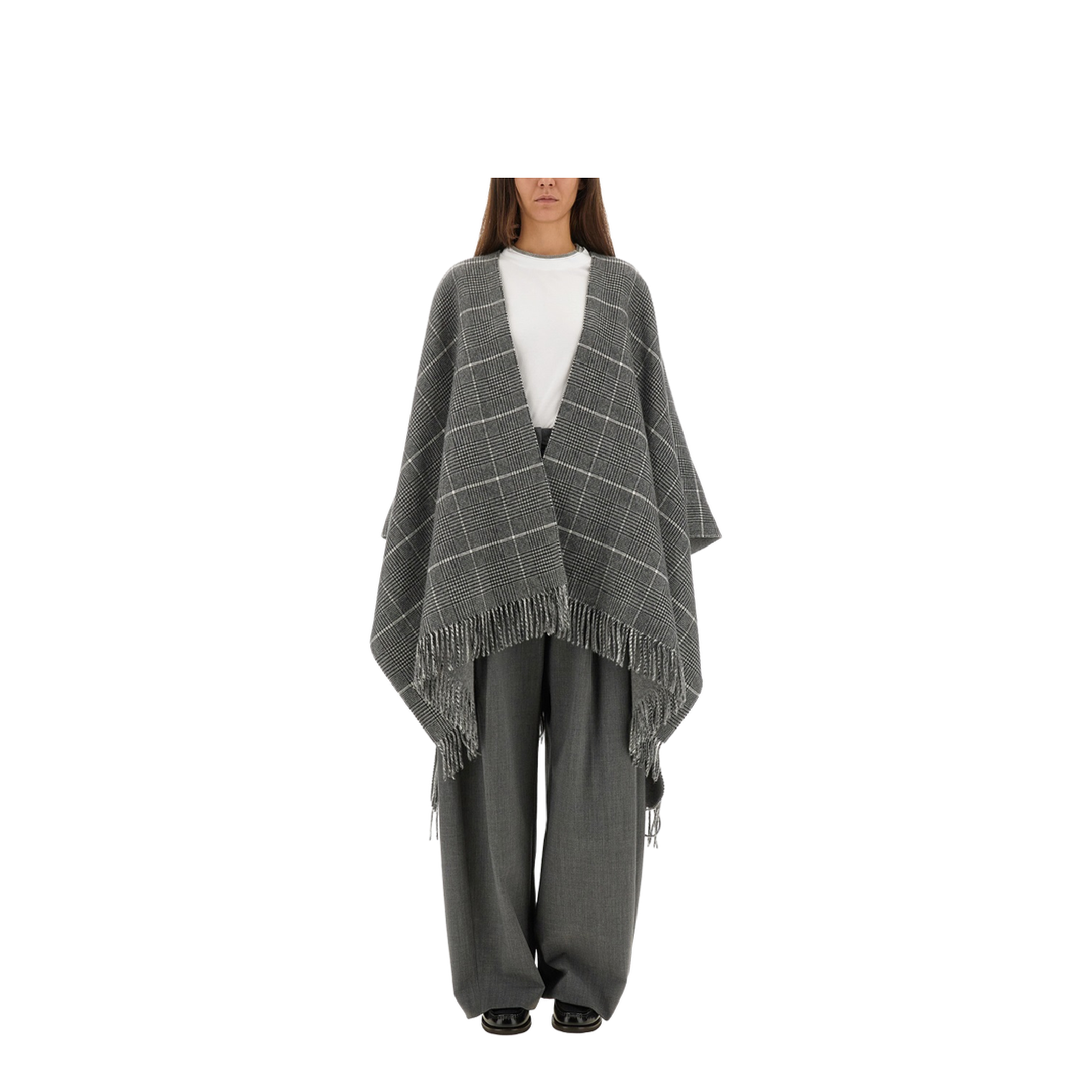 Fringed Check-Pattern Cape
