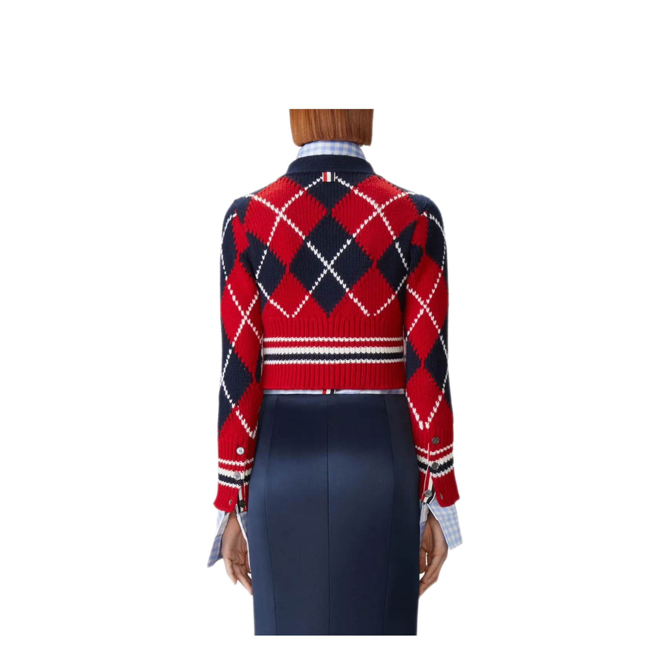 MAYFEYR - Thom Browne - Argyle Jersey Intarsia Shrunken V Neck Cardigan In Chunky Merino Wool W/ Rwb Stripe - FKC679BY1029960