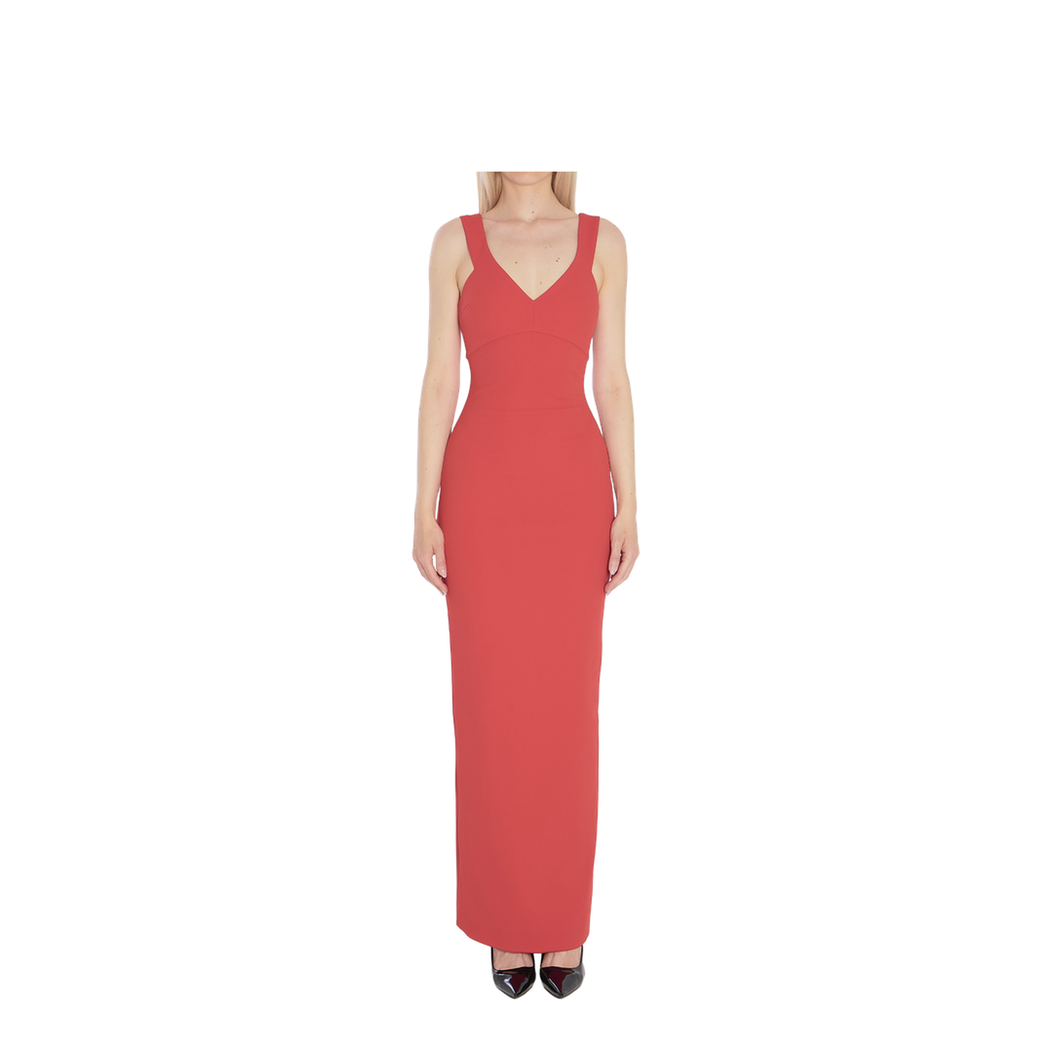 Red Sleeveless Design V-Neckline Fitted Bodice Maxi Length Straight Skirt