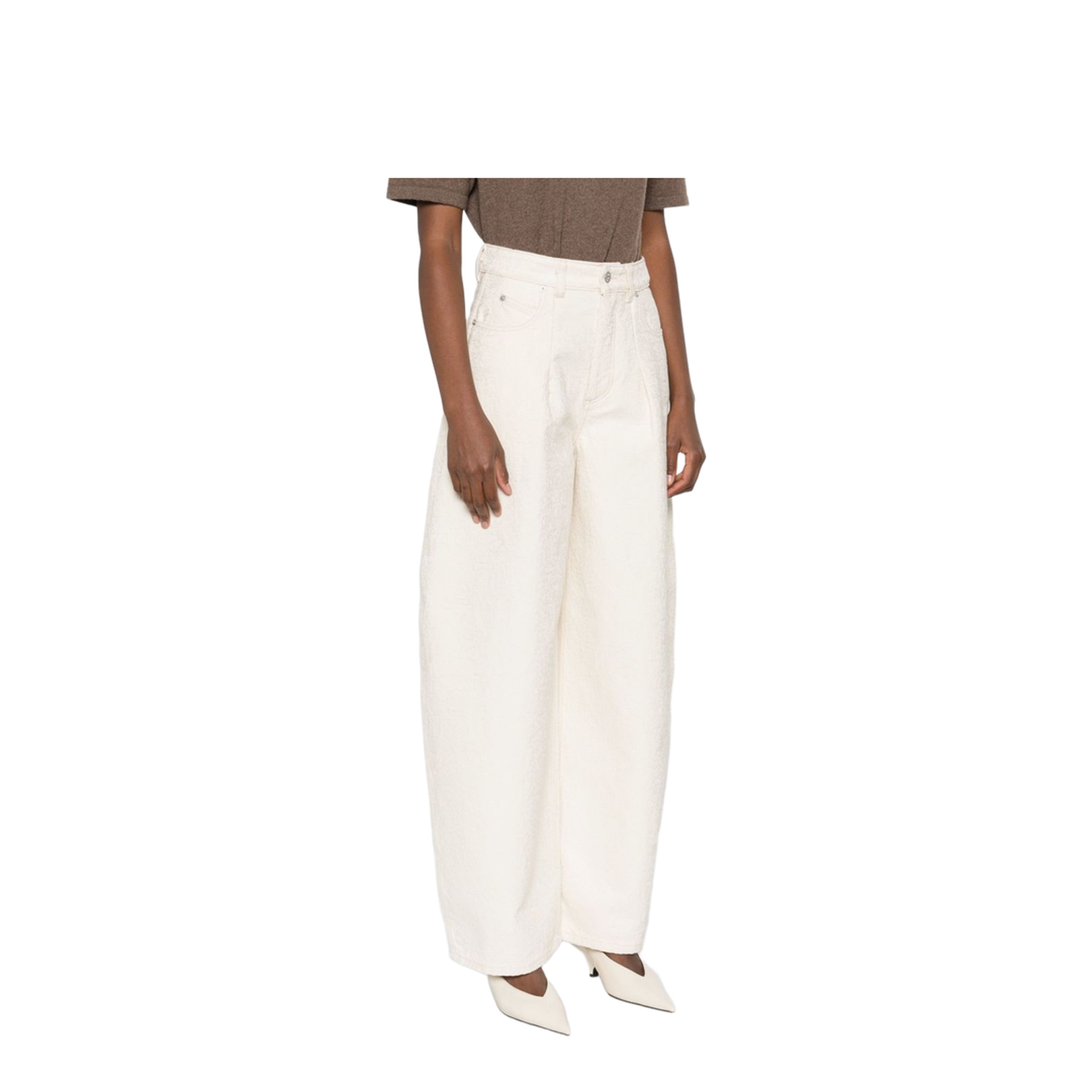 Off-White Pleated Front High Waist Tapered Loose Leg Pants