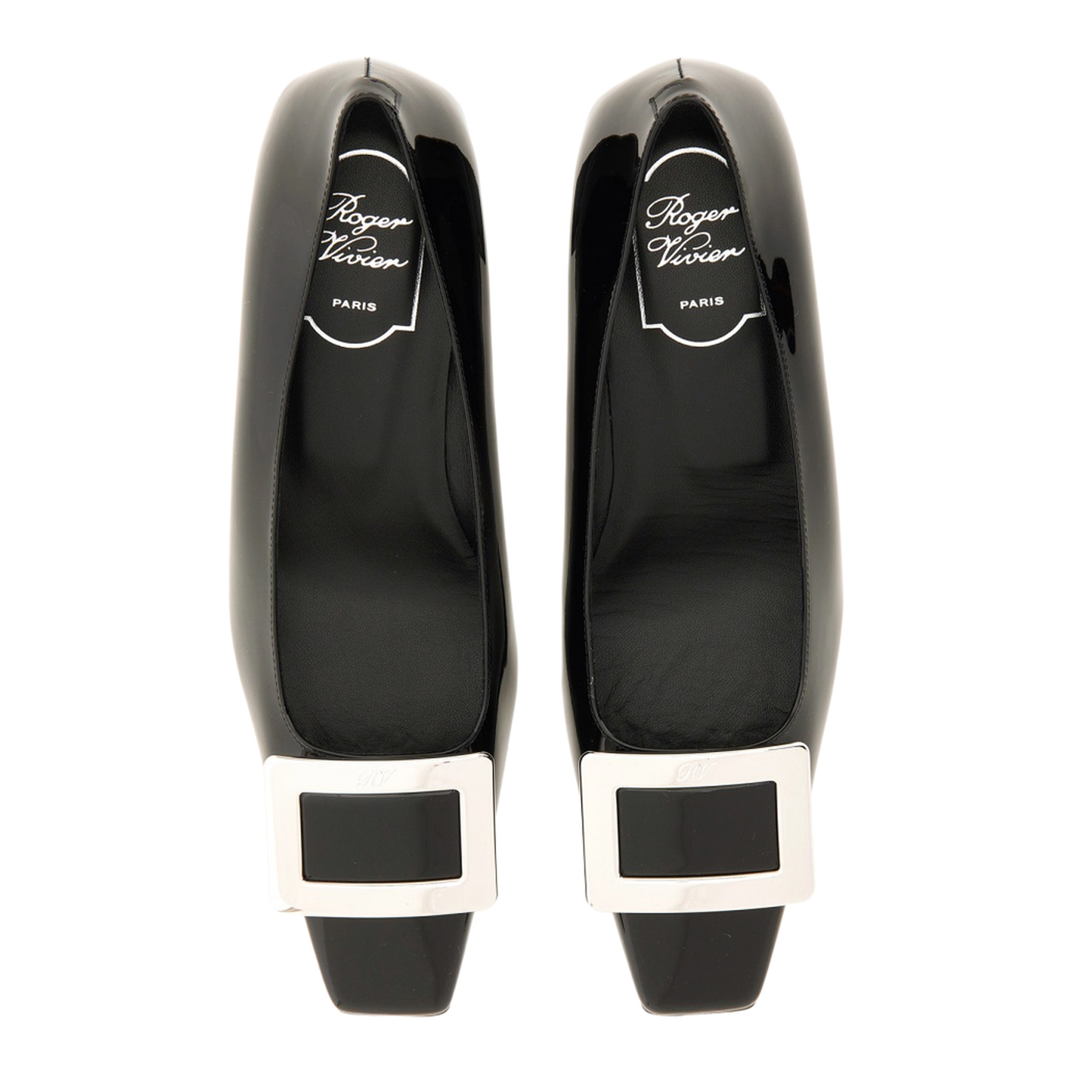 black calfskin pumps with buckle and wide heel