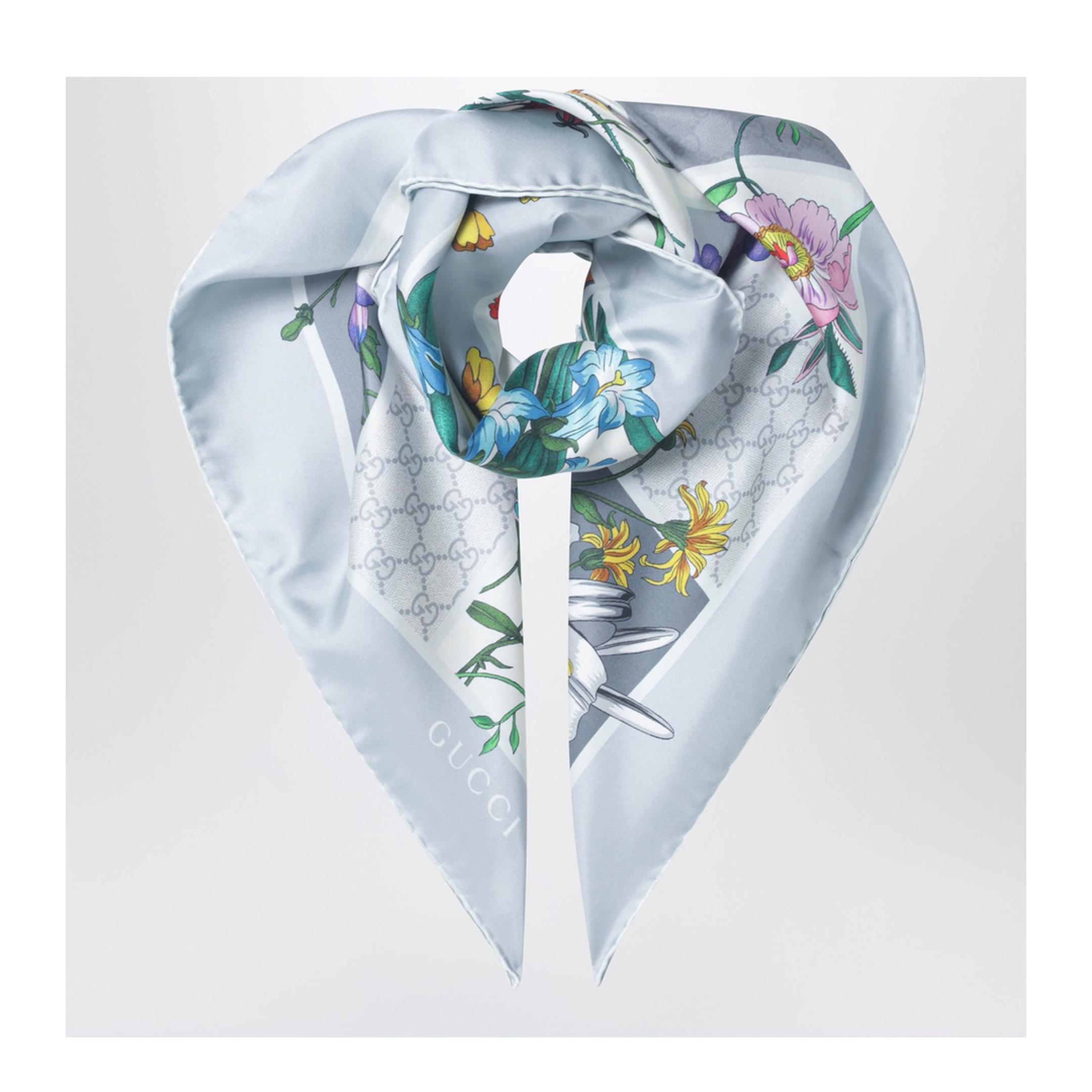 Printed Silk Twill Carré in Light Grey and Multicolour