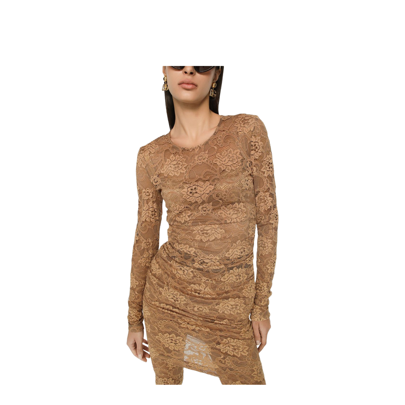 Short Floral Lace Dress in Beige