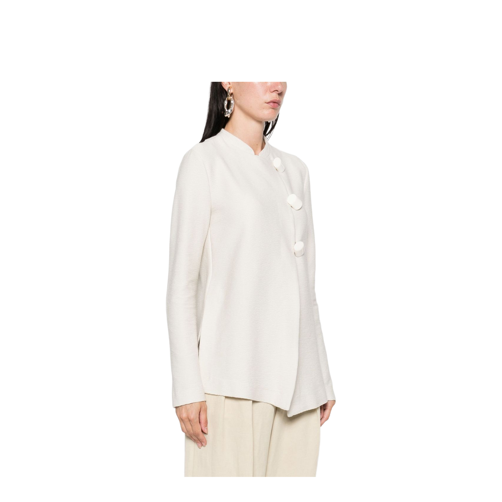 Ivory Button Fastening Round Neck Long Sleeves
