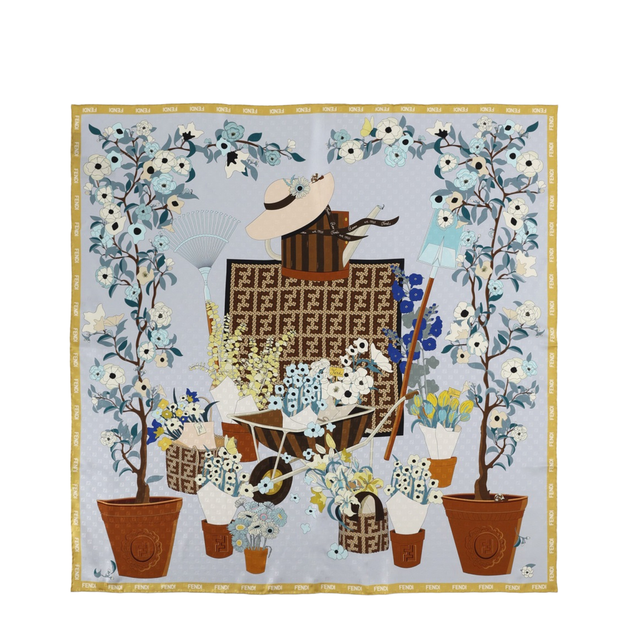 Gardening Light Blue Multicoloured Silk Foulard