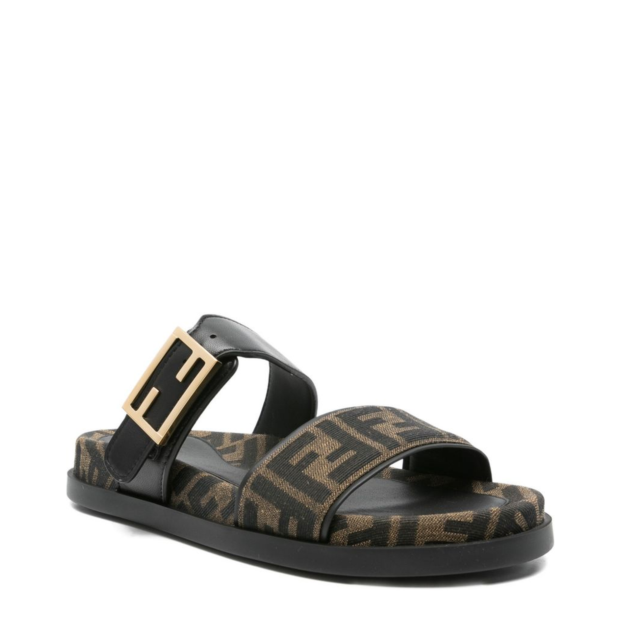 Black FF-Logo Pattern Double Strap Design Buckle Detail Flat Sole Leather Trim