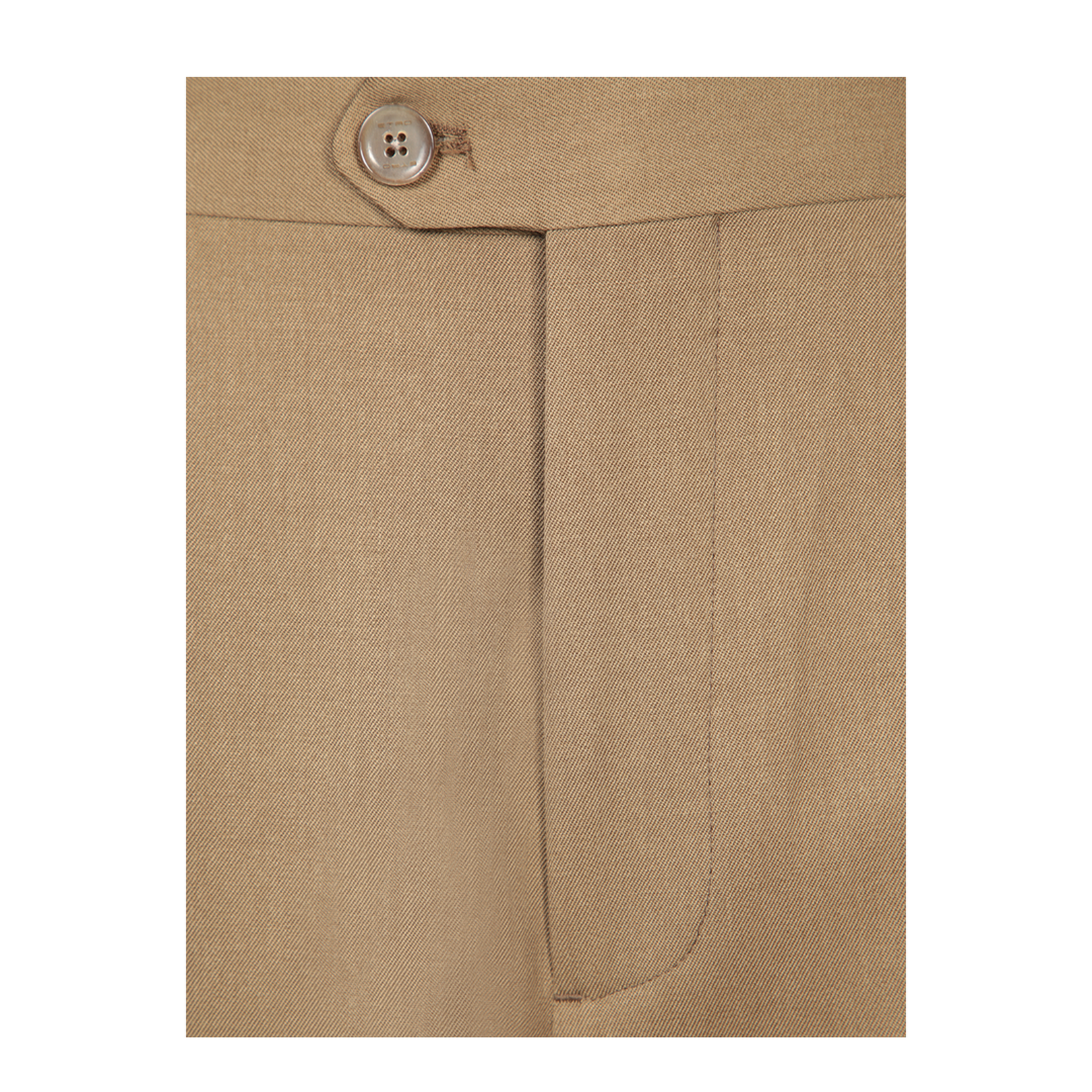 Zip and button closure. Back welt pockets. Belt loops.