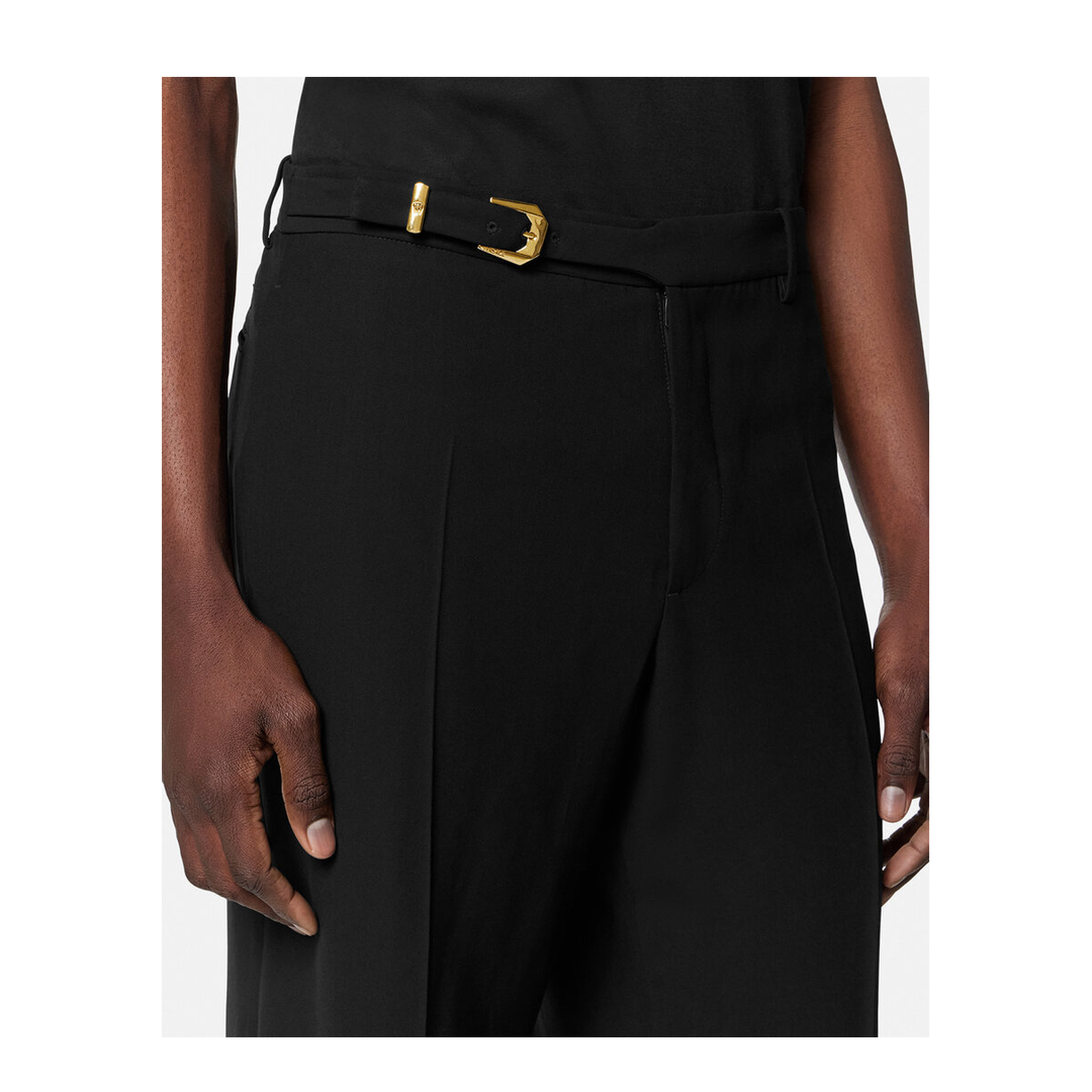 Black Pants with Belt and Logo Patch on the Rear in Wool