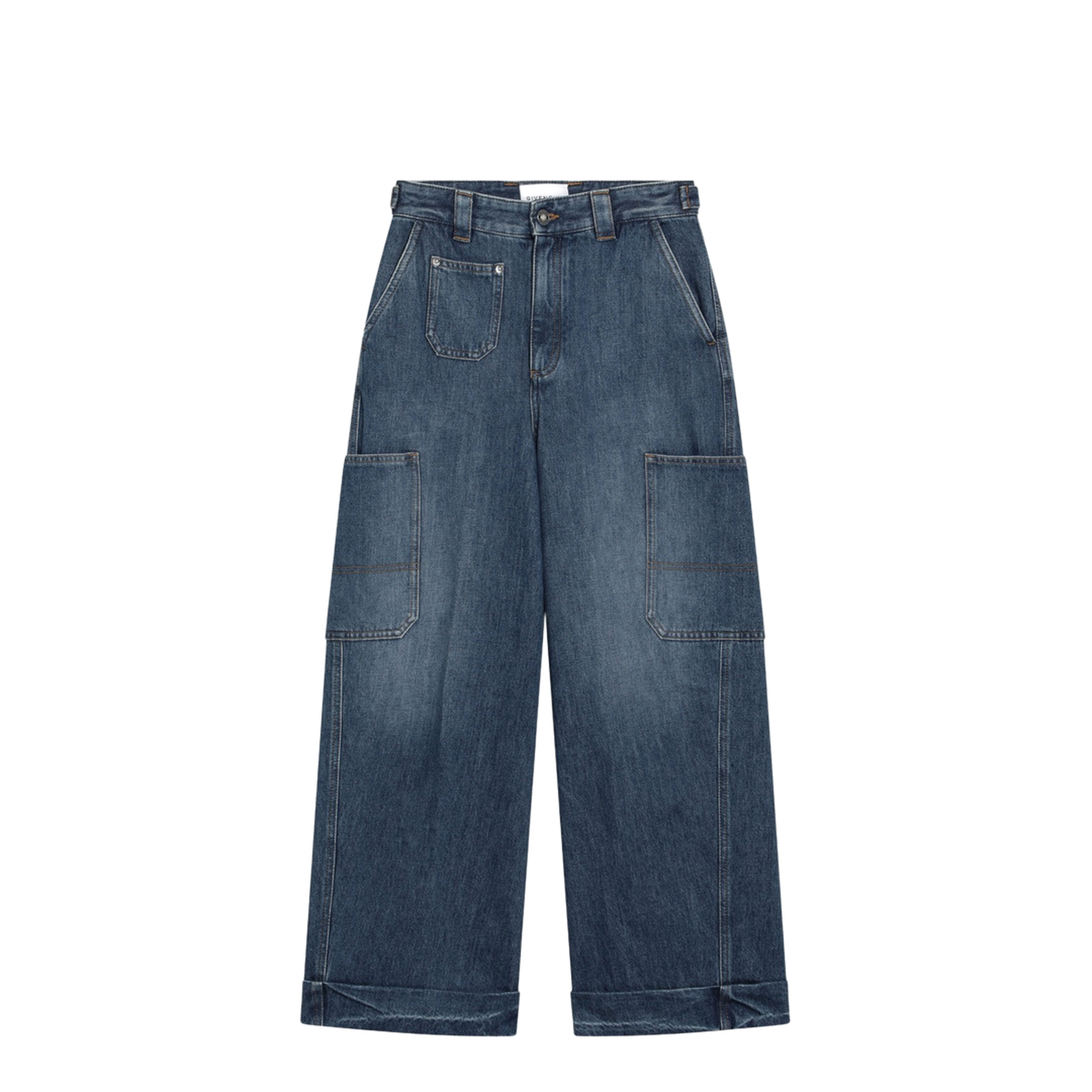 Cropped Cocoon Cargo Jeans in Medium Blue
