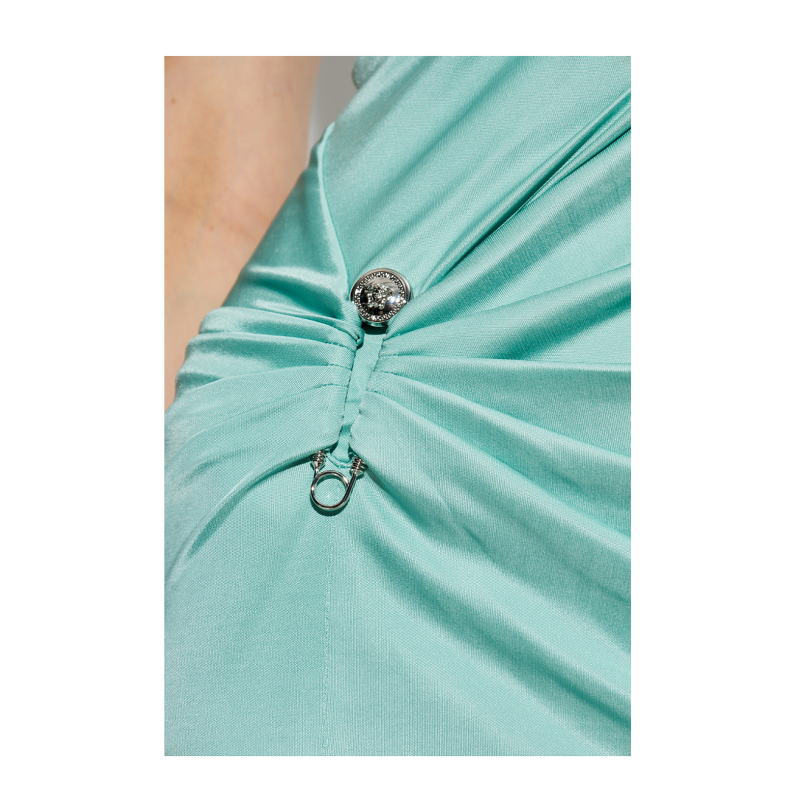 Dress with Decorative Safety Pin and Draping