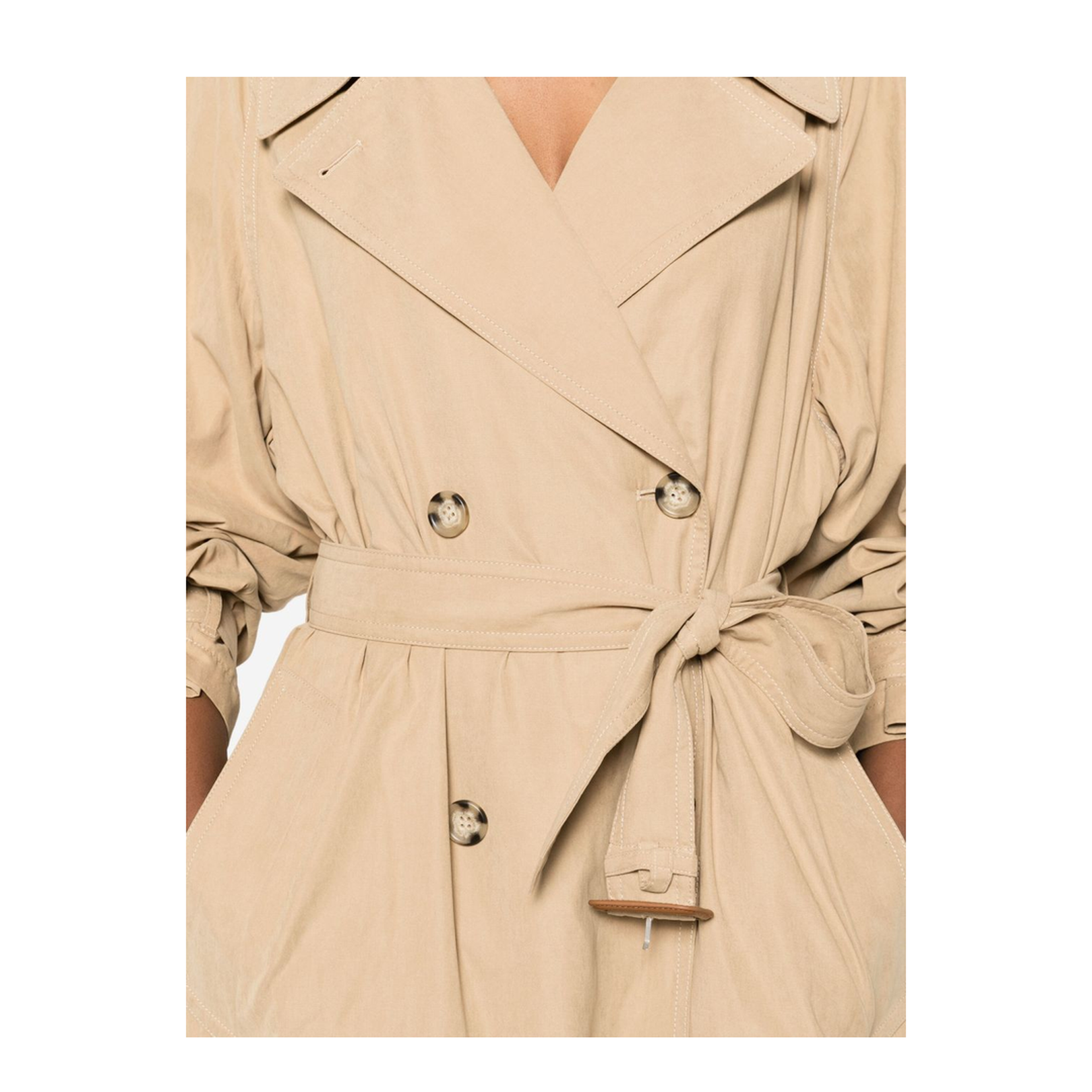Beige Double-Breasted Closure Belted Waist Long Sleeves Coat