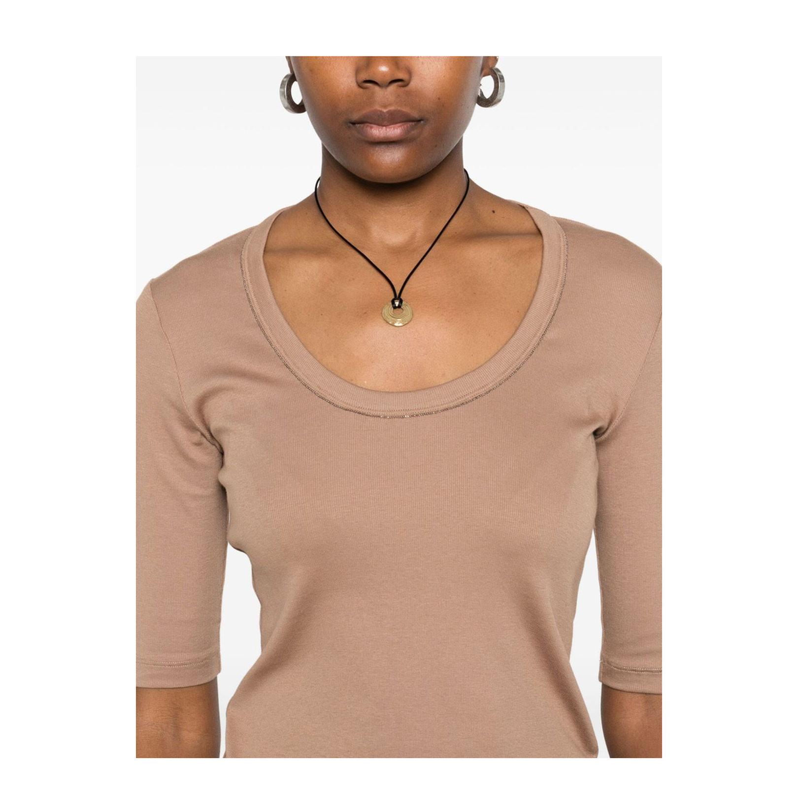 Embellished Cotton-Blend Short Sleeve Top Camel