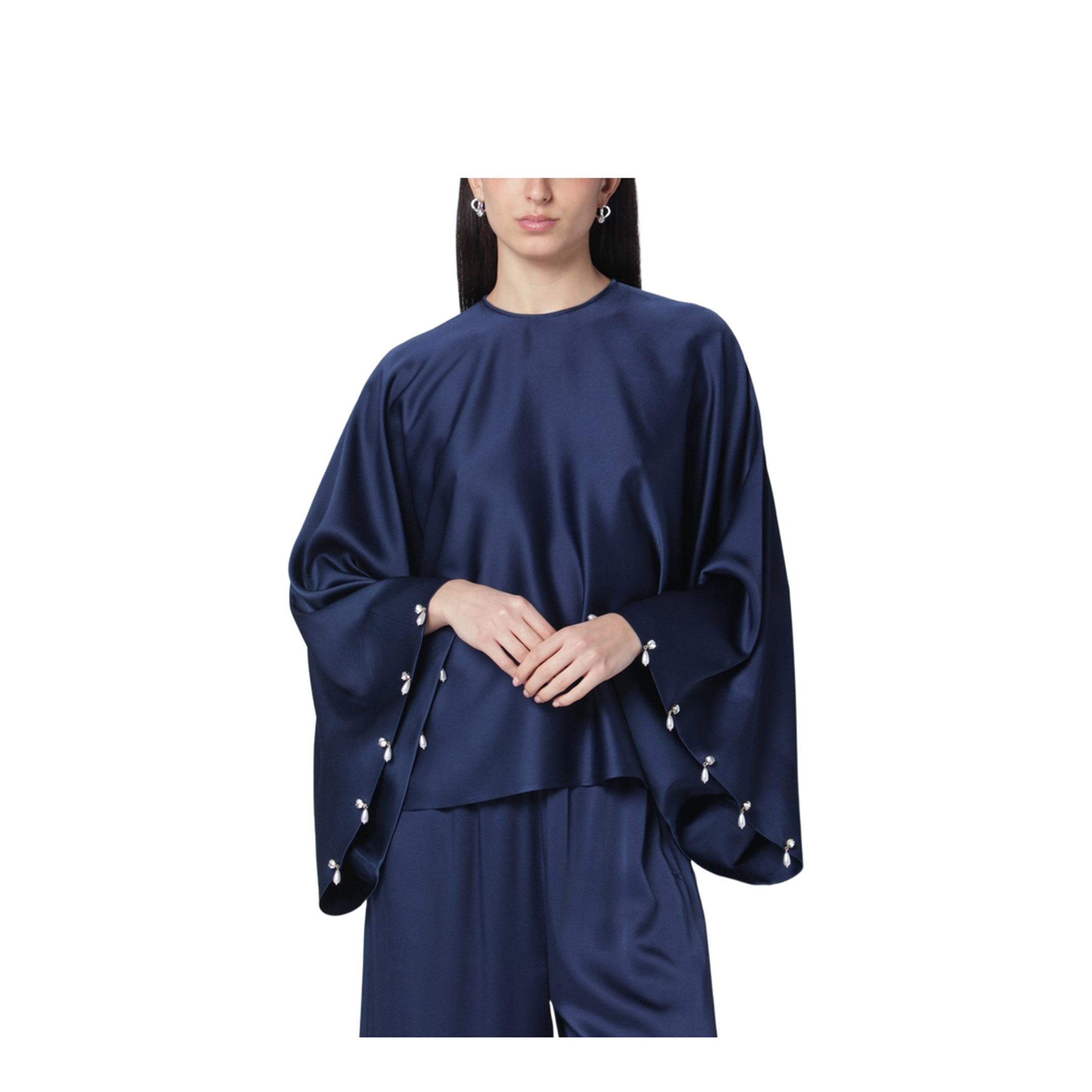 Navy Blue Oversized Viscose Satin Blouse