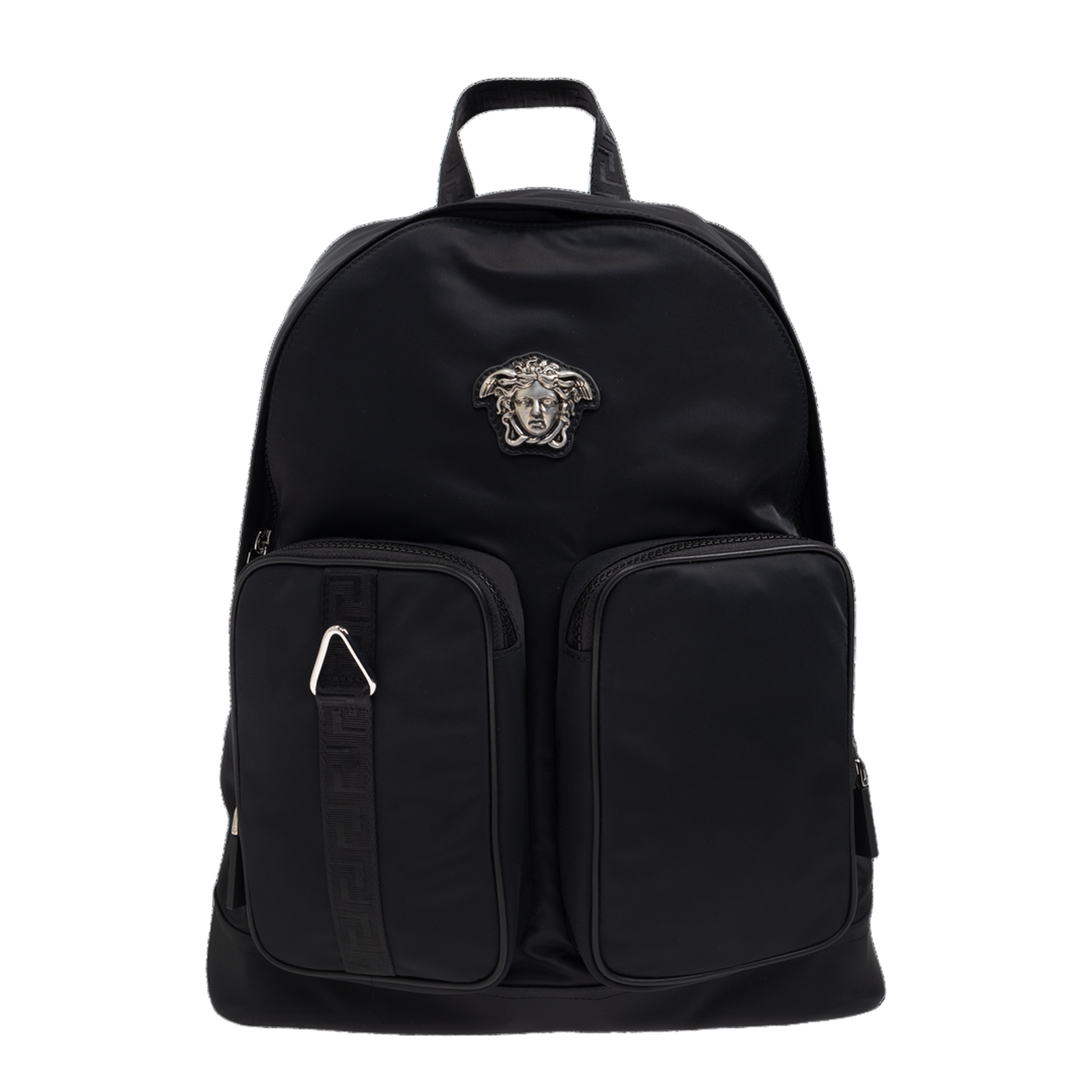 Backpack with Medusa head-shaped appliqué