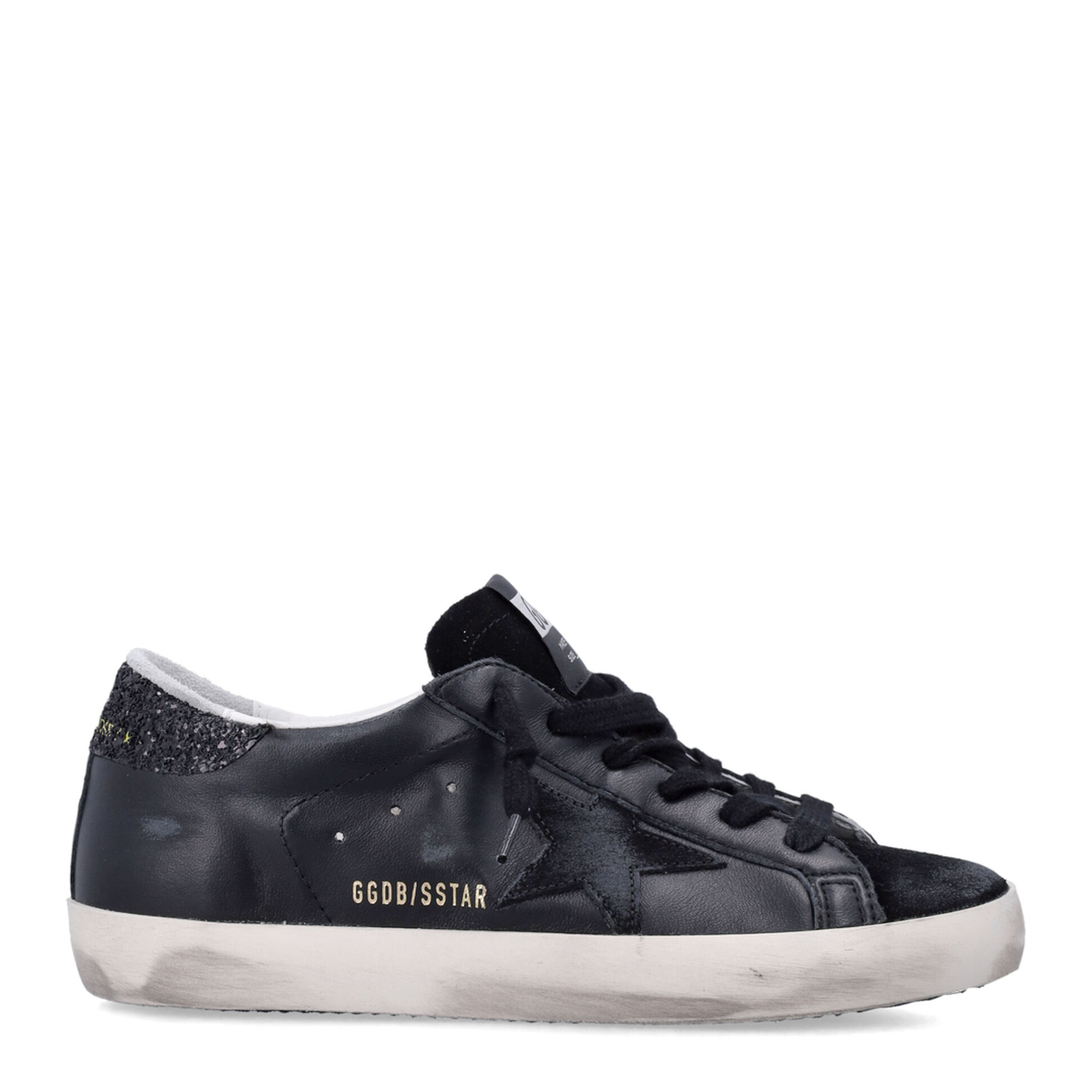 Super-Star in Black Nappa with Black Star and Glitter Heel Tab