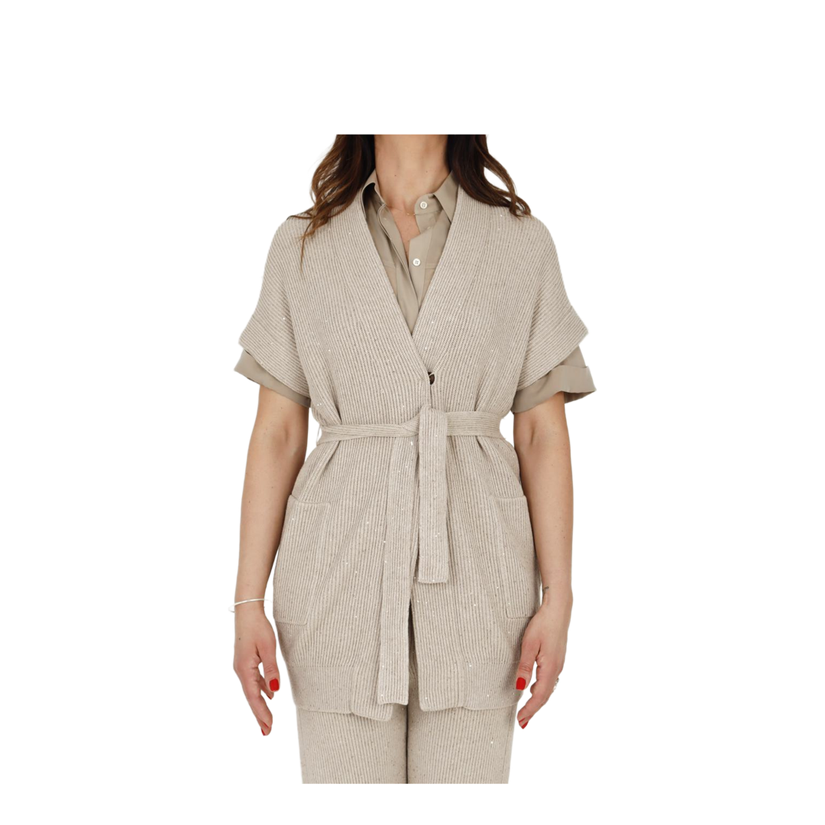 Cotton Diamond Yarn English Rib Cardigan with Belt